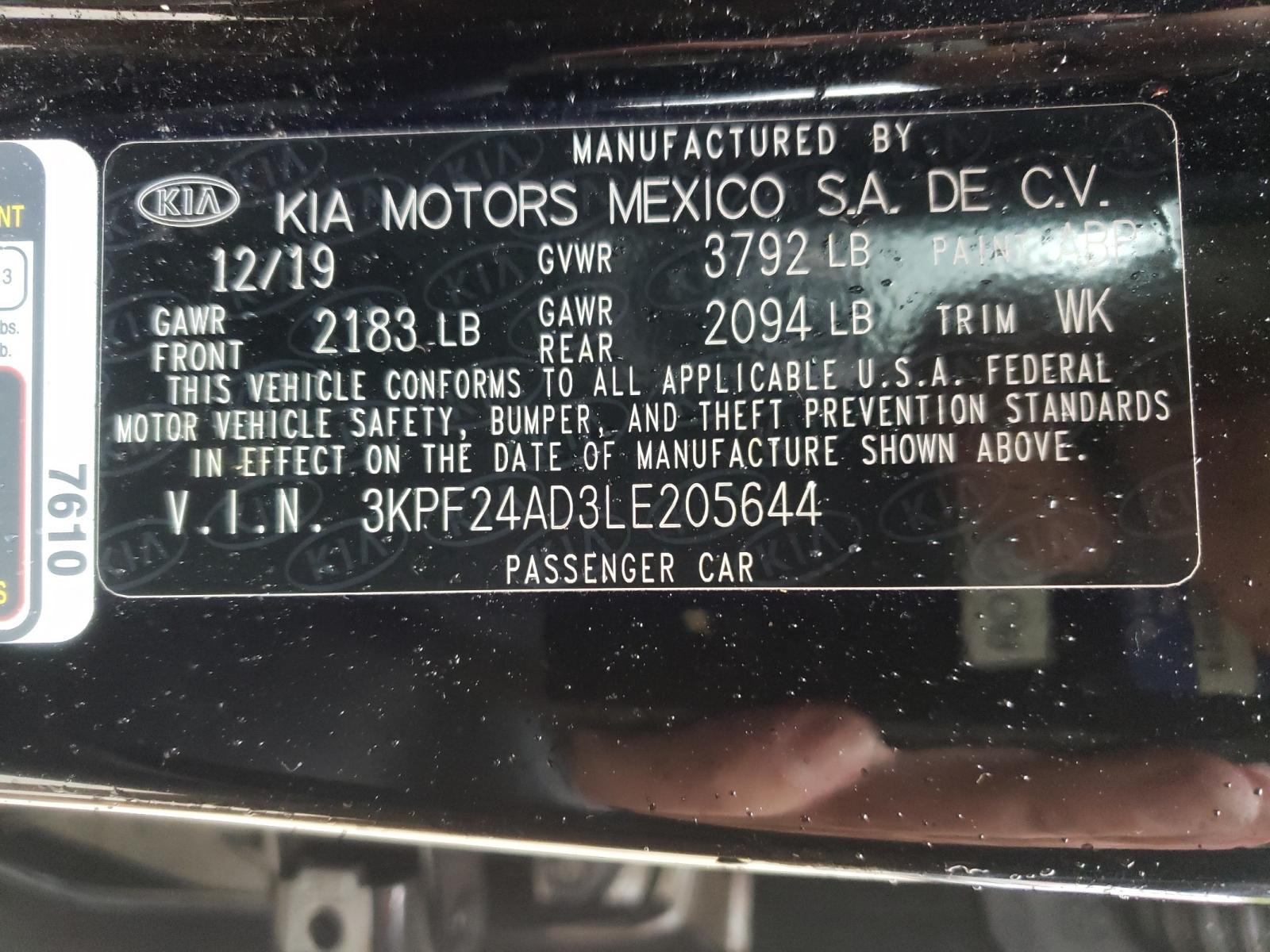 Photo 10 from auction – 2020 KIA FORTE FE with VIN 3KPF24AD3LE205644