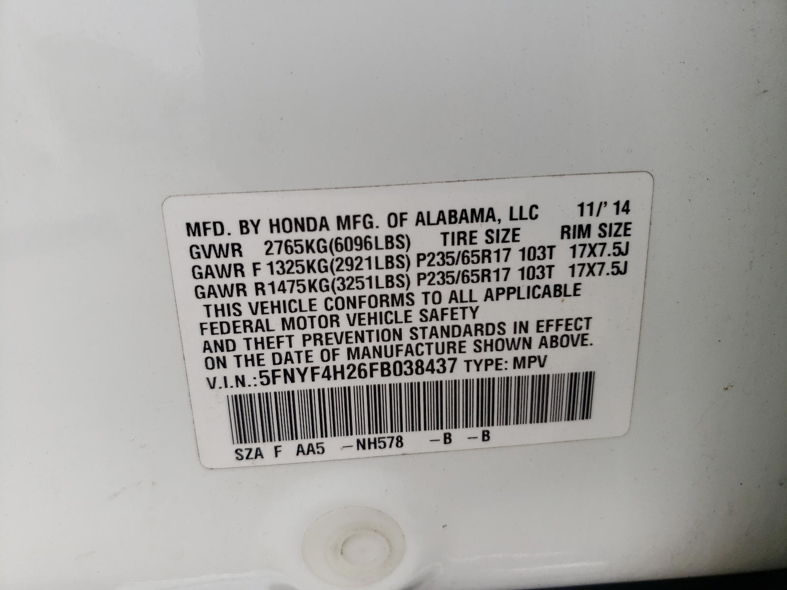 Photo 10 from auction – 2015 HONDA PILOT LX with VIN 5FNYF4H26FB038437