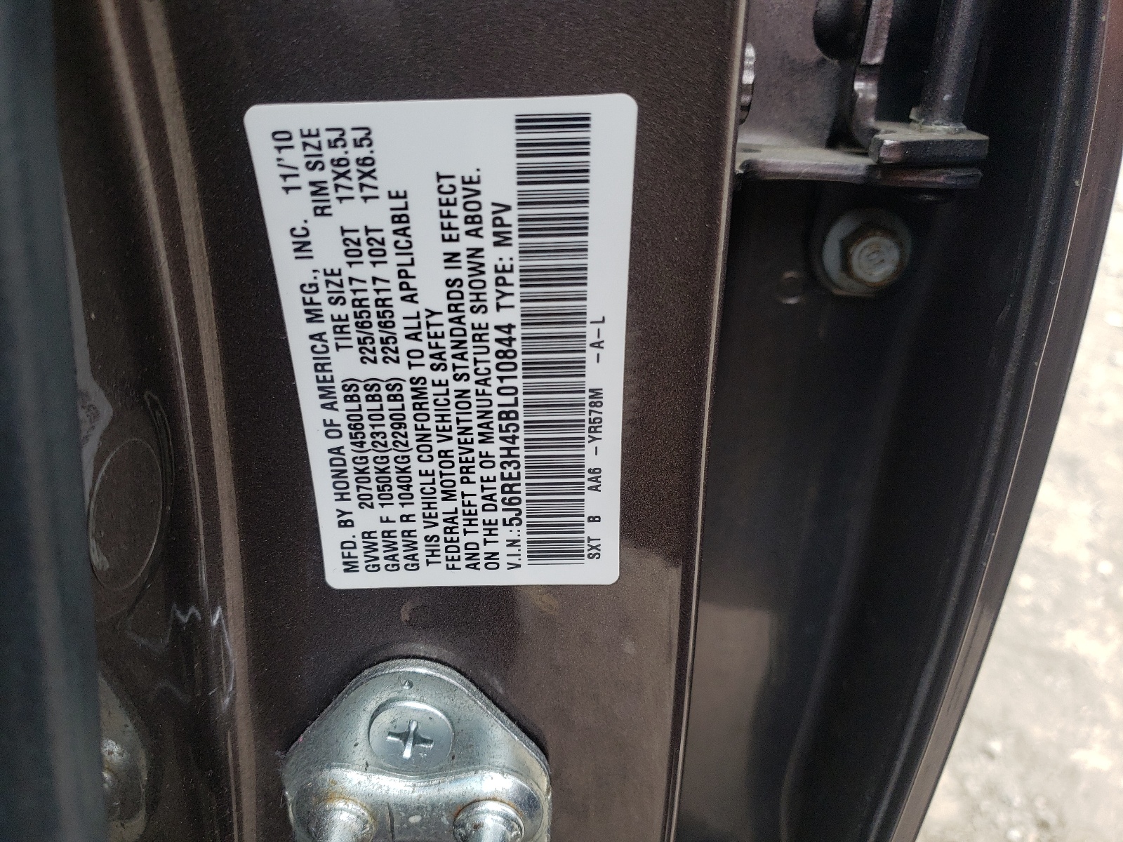 Photo 10 from auction – 2011 HONDA CR-V SE with VIN 5J6RE3H45BL010844