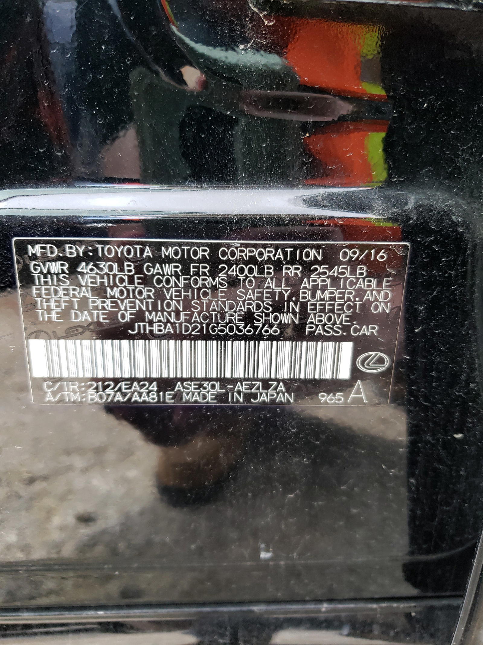 Photo 10 from auction – 2016 LEXUS IS 200T with VIN JTHBA1D21G5036766