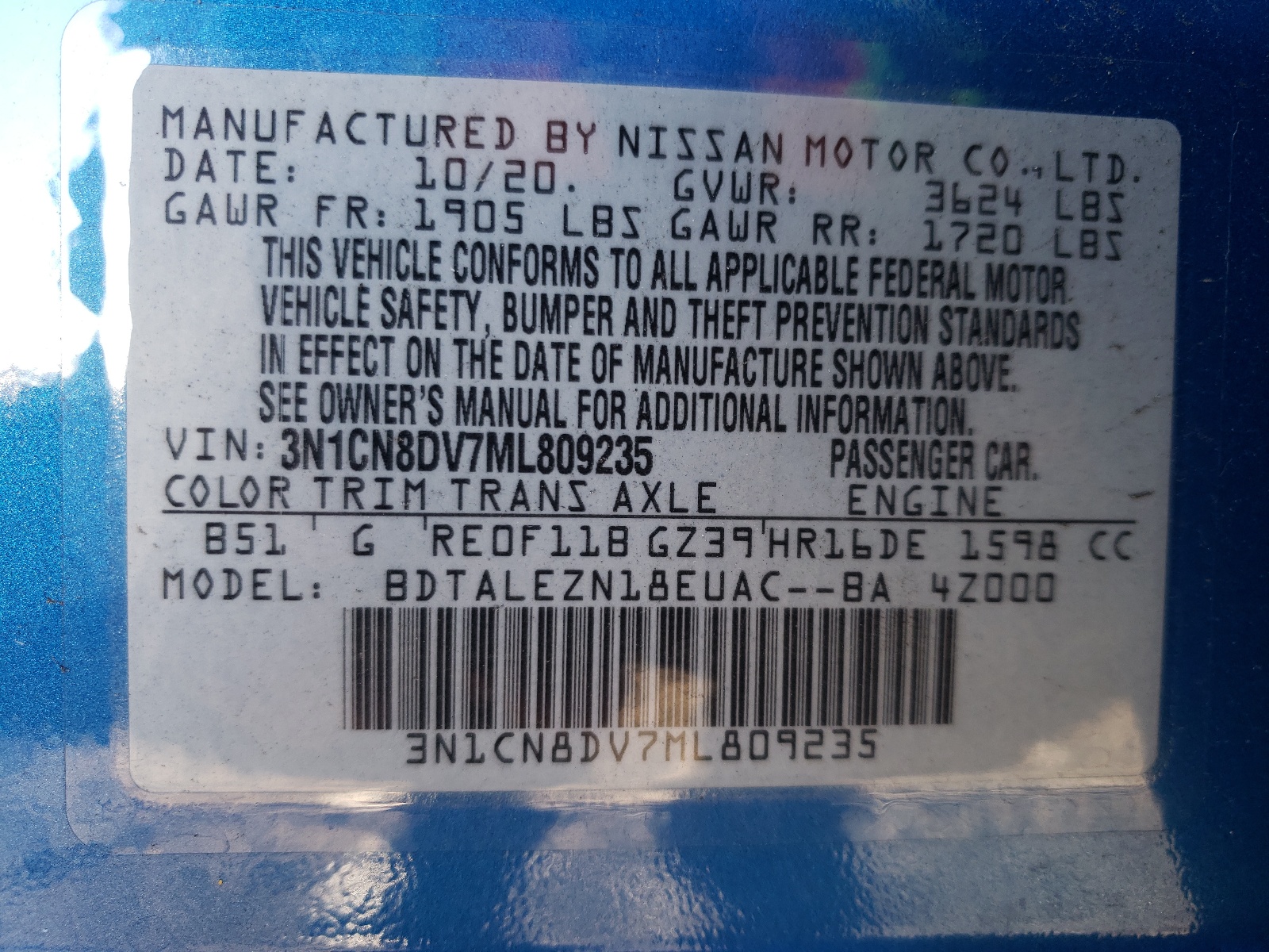 Photo 10 from auction – 2021 NISSAN VERSA S with VIN 3N1CN8DV7ML809235