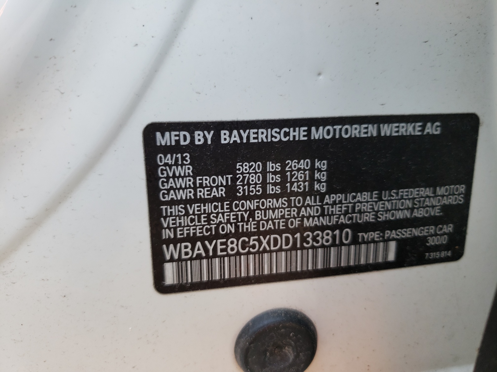 Photo 10 from auction – 2013 BMW 750 LI with VIN WBAYE8C5XDD133810