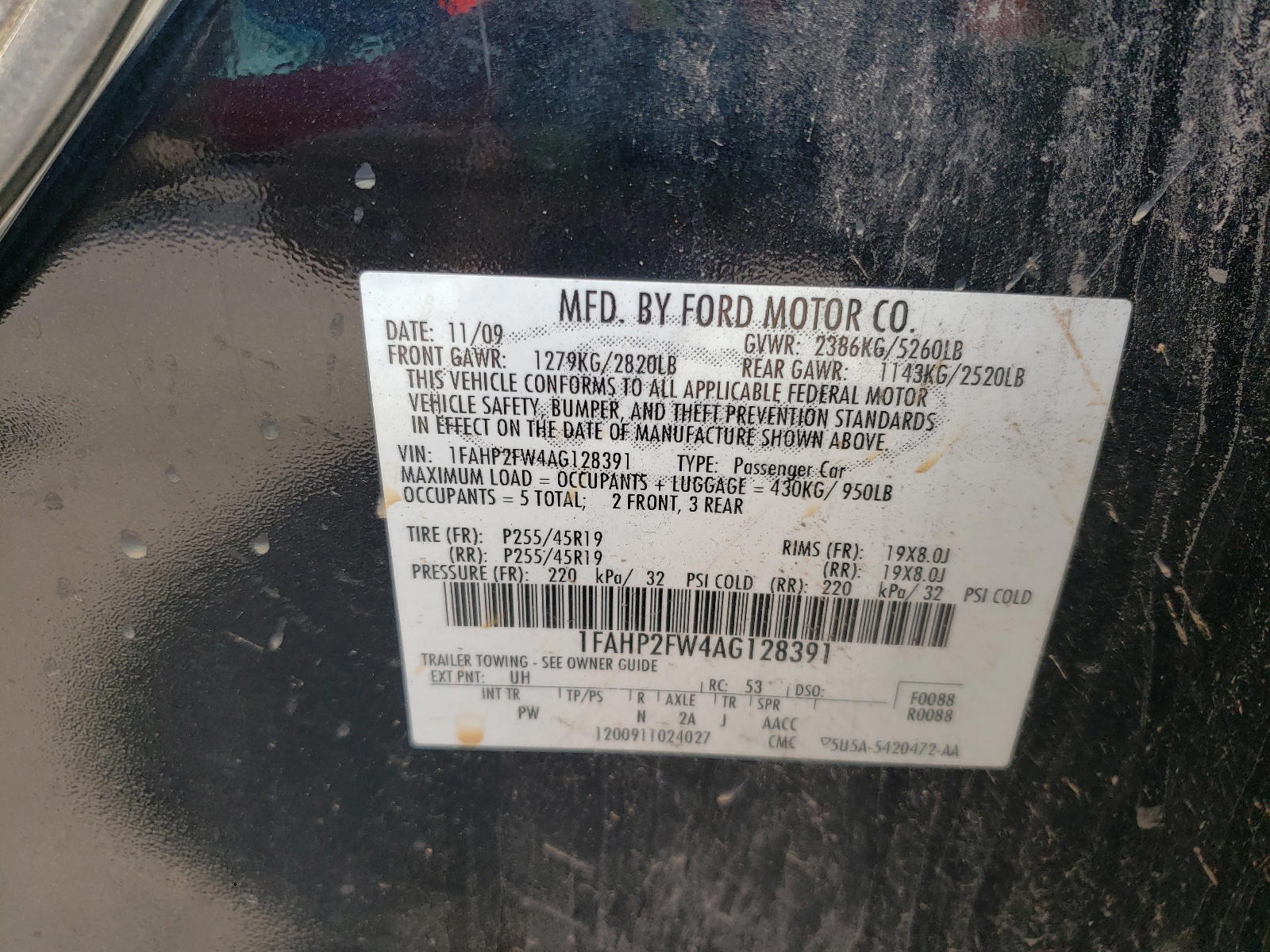 Photo 10 from auction – 2010 FORD TAURUS LIM with VIN 1FAHP2FW4AG128391