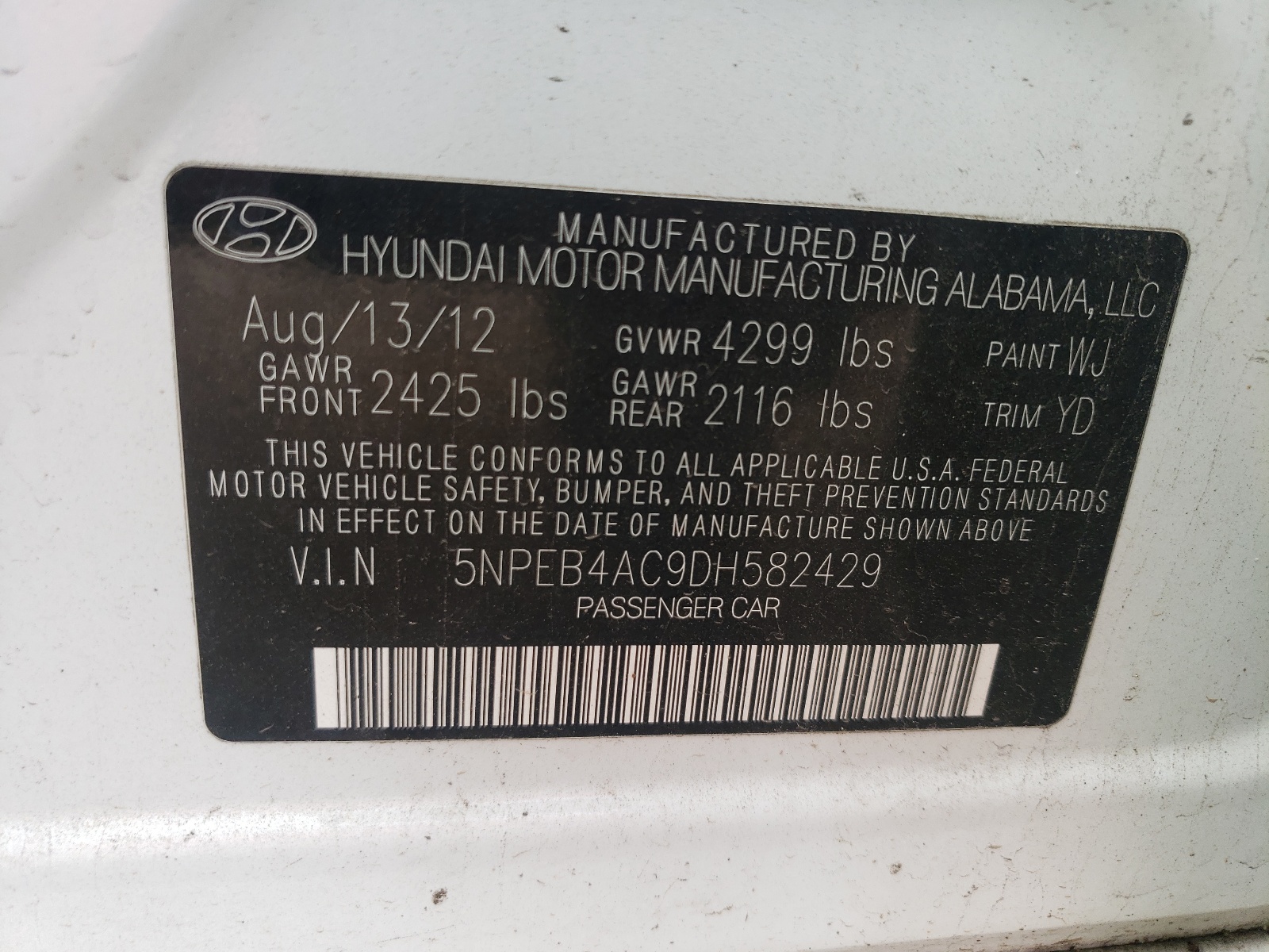 Photo 10 from auction – 2013 HYUNDAI SONATA GLS with VIN 5NPEB4AC9DH582429