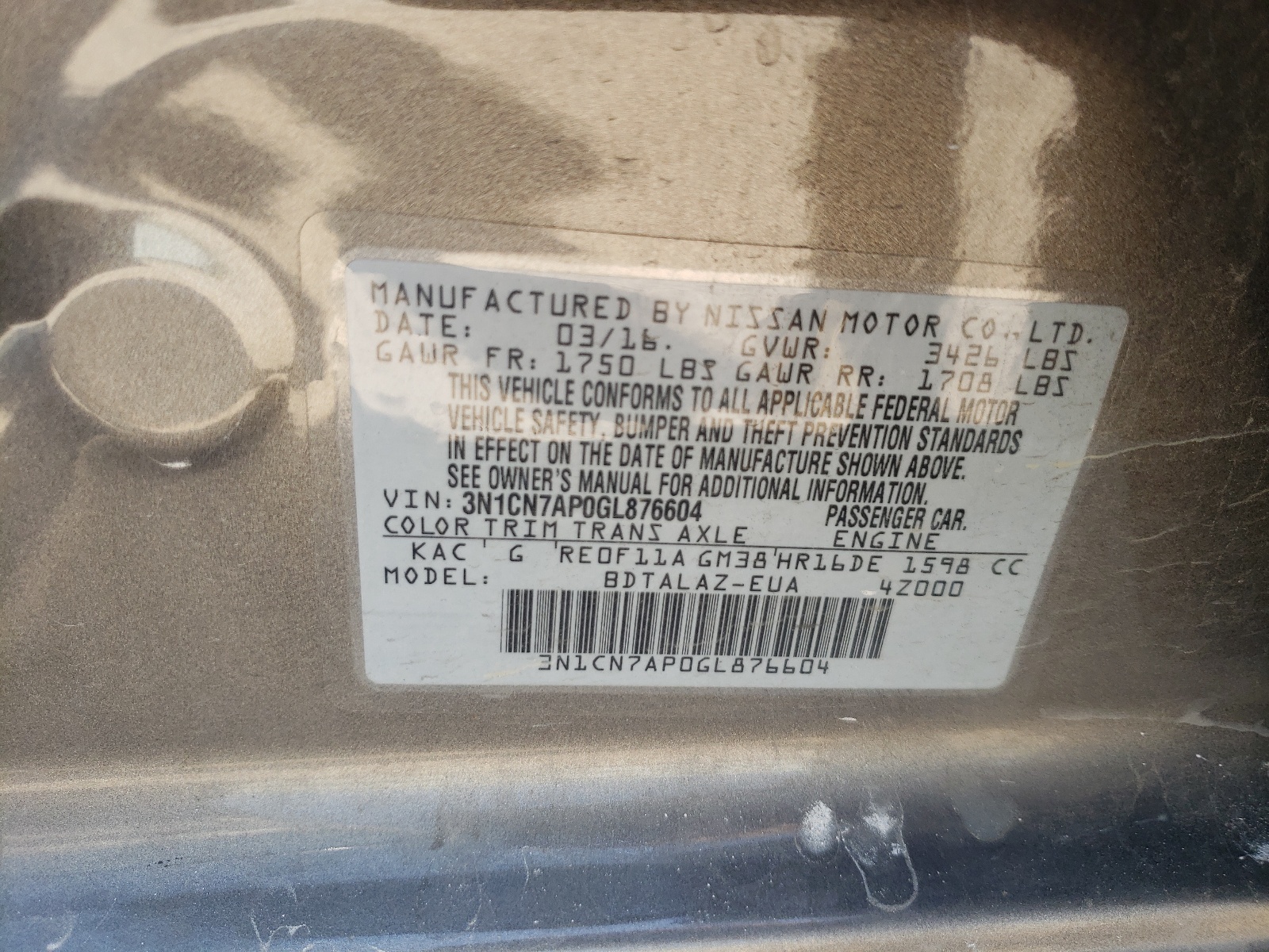 Photo 10 from auction – 2016 NISSAN VERSA S with VIN 3N1CN7AP0GL876604