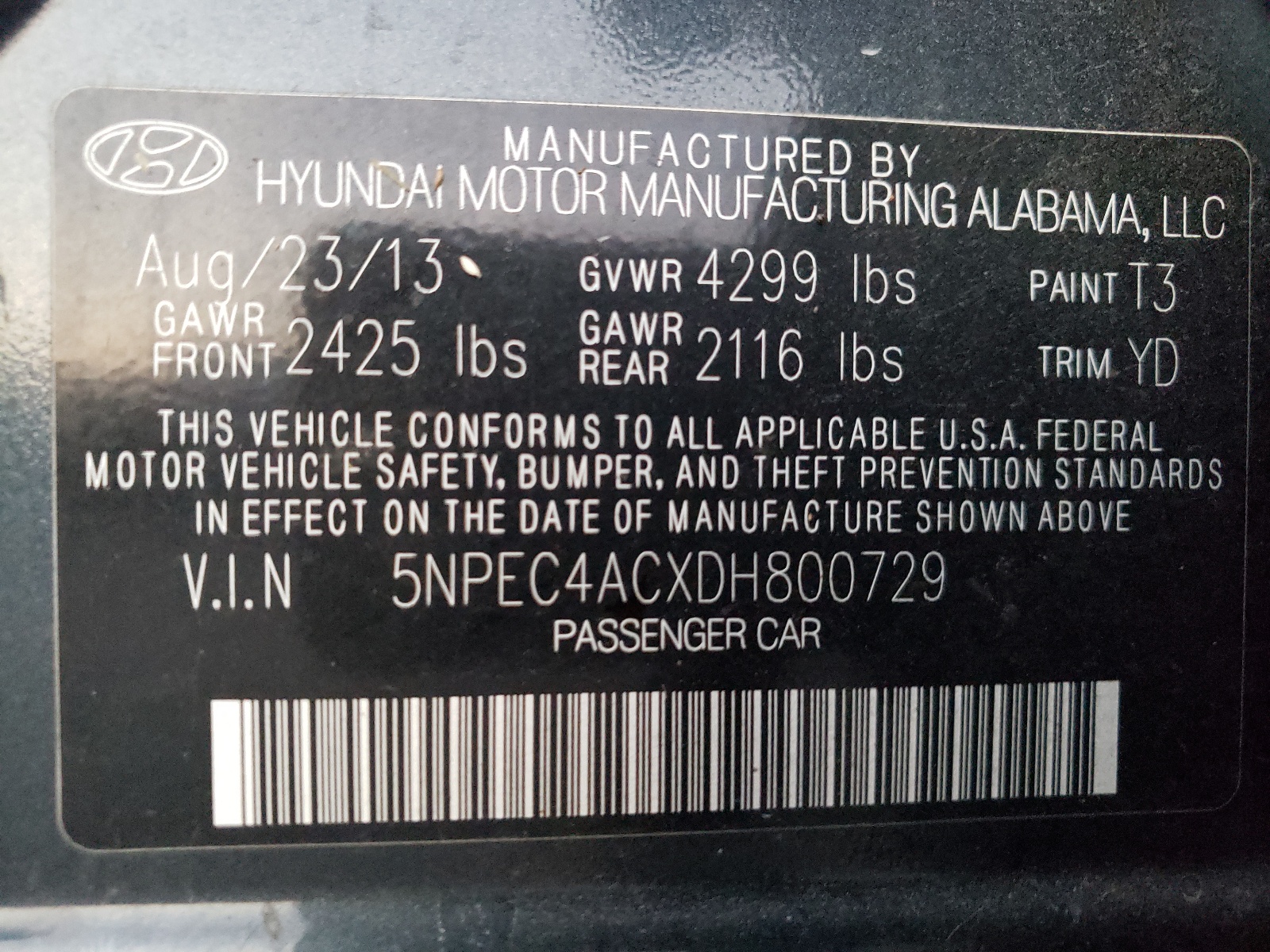 Photo 10 from auction – 2013 HYUNDAI SONATA SE with VIN 5NPEC4ACXDH800729