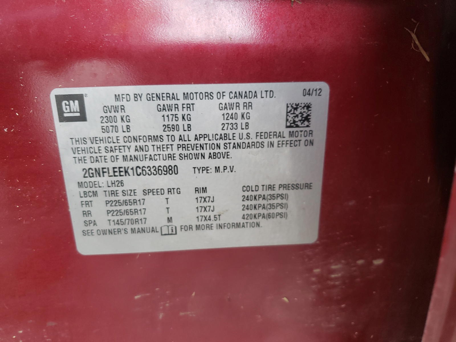 Photo 10 from auction – 2012 CHEVROLET EQUINOX LT with VIN 2GNFLEEK1C6336980