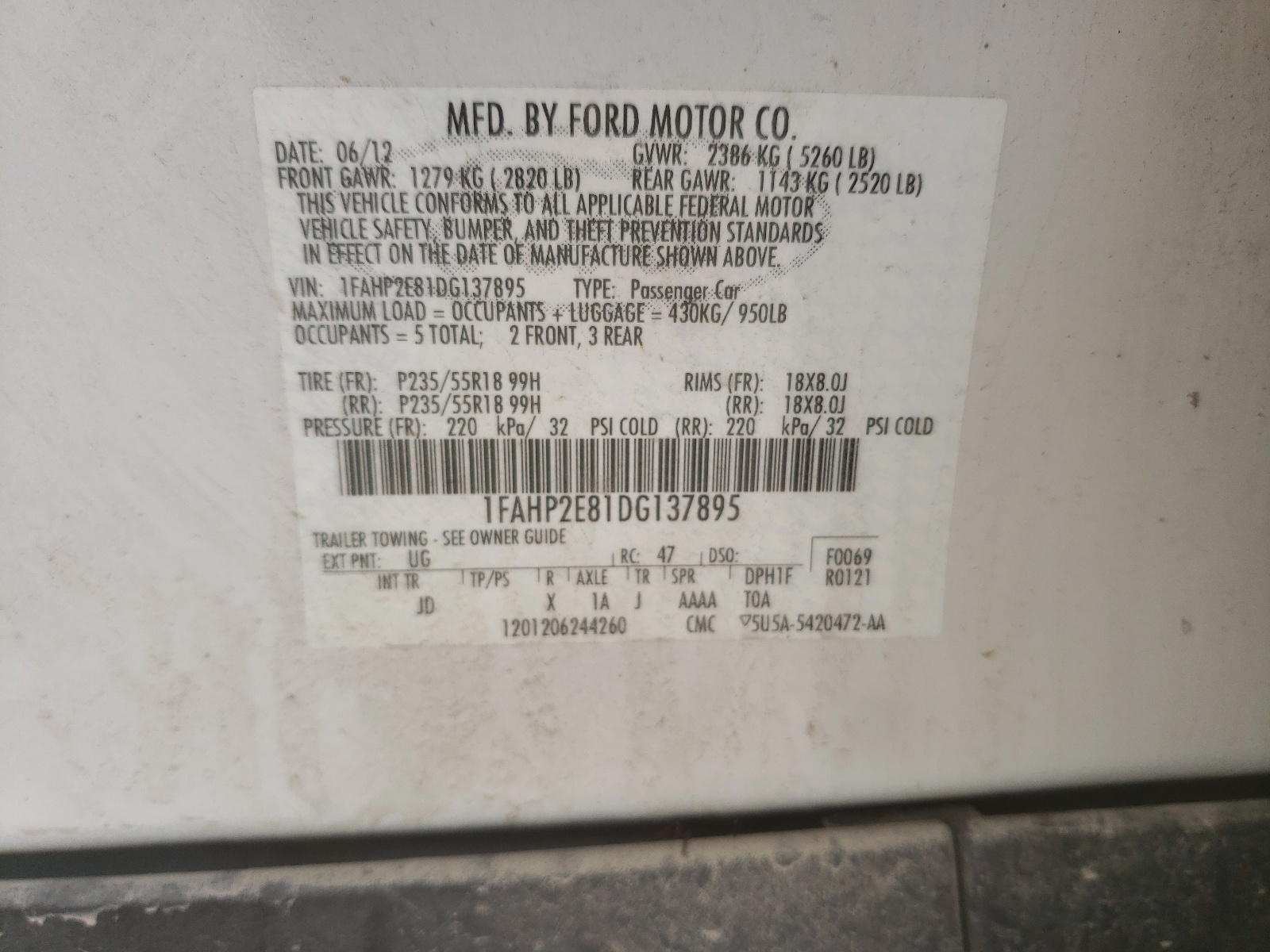 Photo 10 from auction – 2013 FORD TAURUS SEL with VIN 1FAHP2E81DG137895