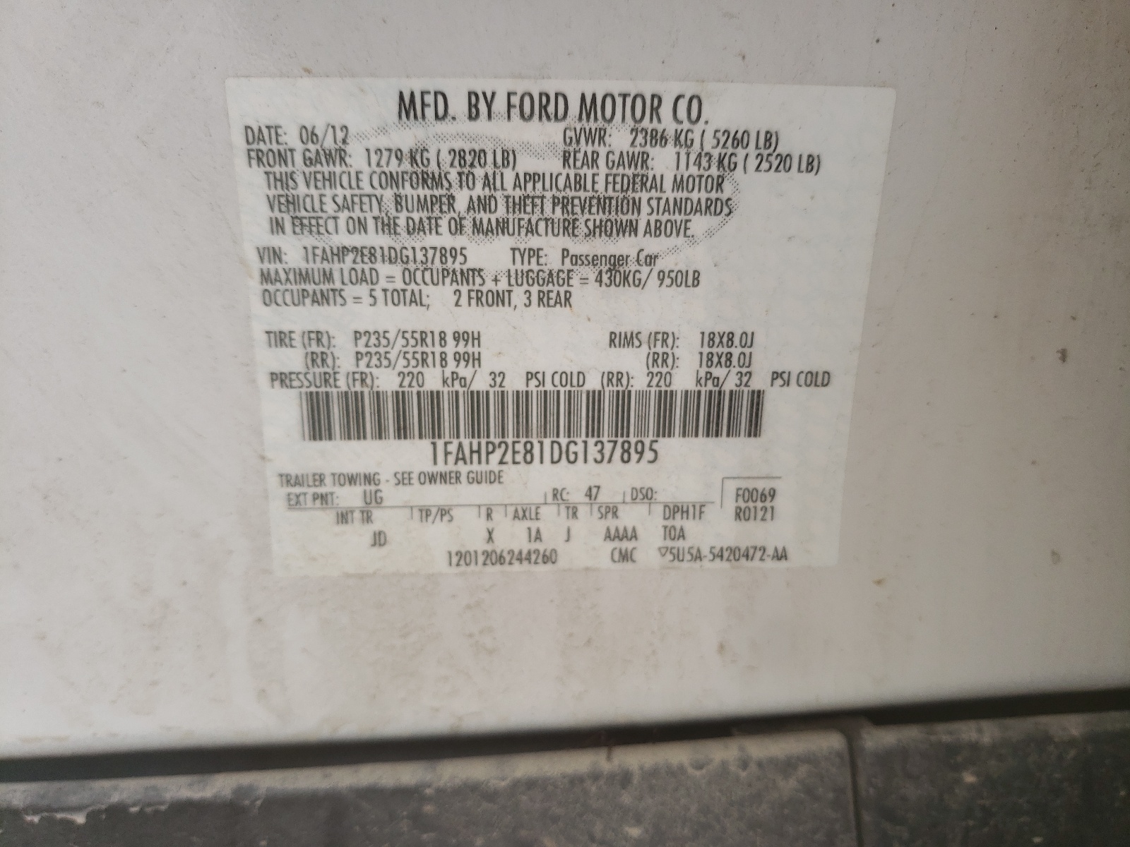 Фото 10 с аукциона – 2013 FORD TAURUS SEL с VIN 1FAHP2E81DG137895