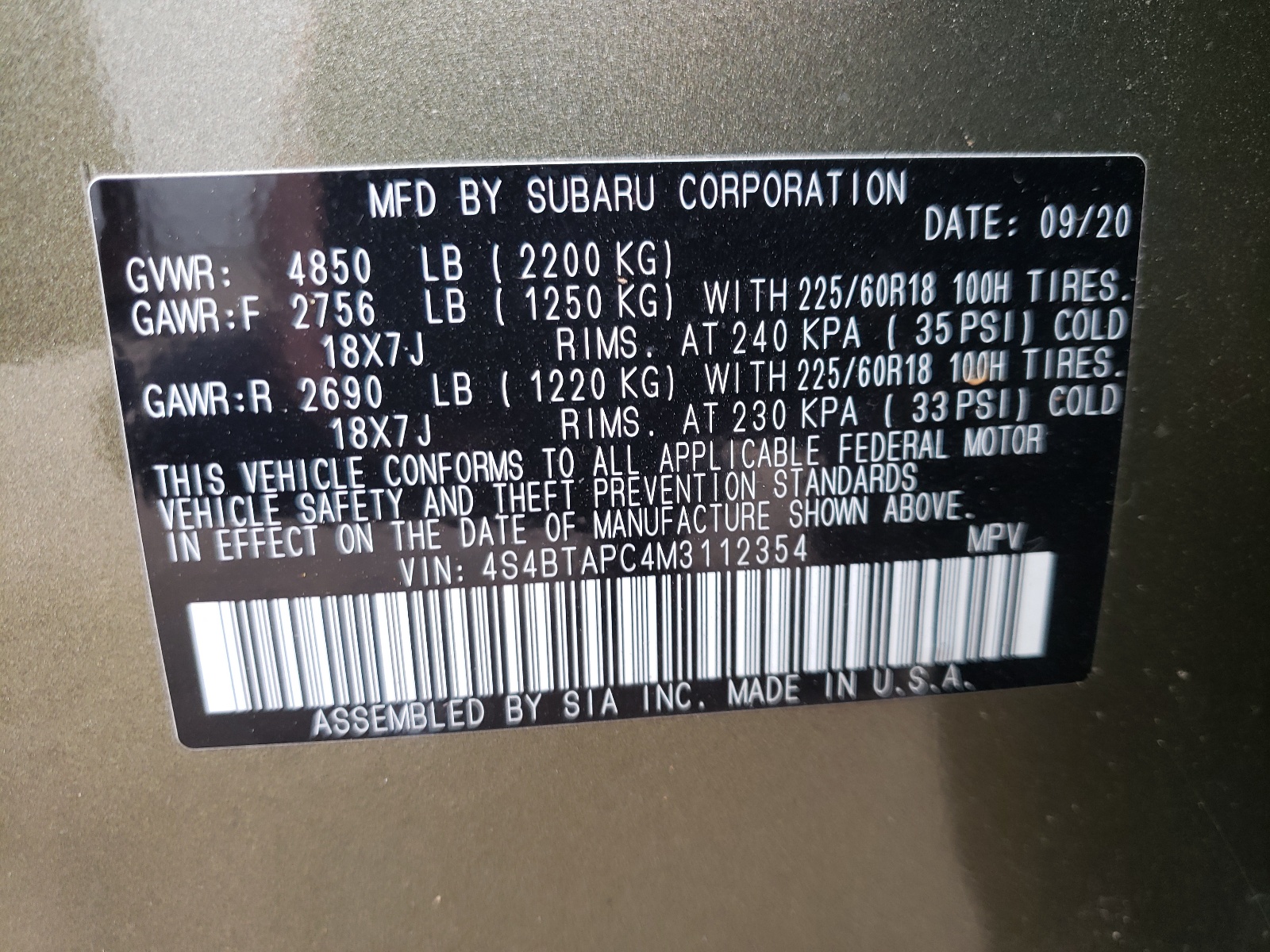 Photo 10 from auction – 2021 SUBARU OUTBACK TO with VIN 4S4BTAPC4M3112354