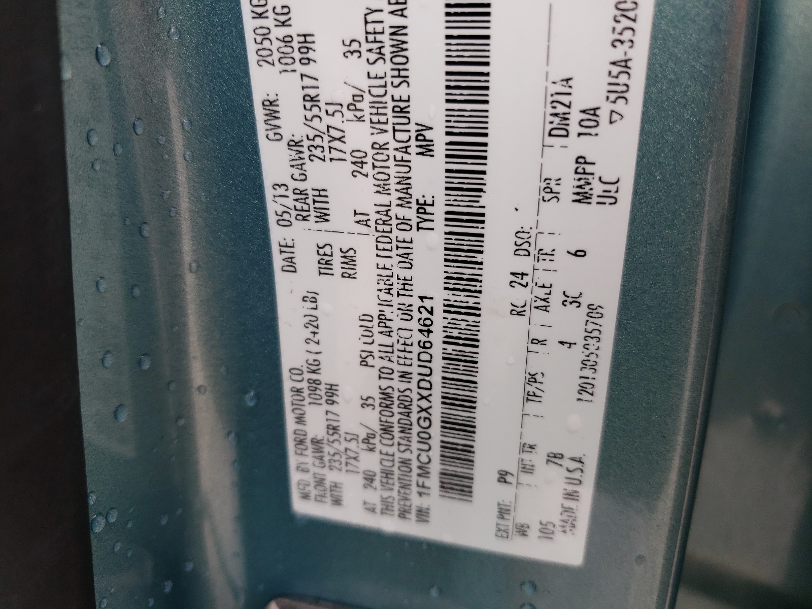 Photo 10 from auction – 2013 FORD ESCAPE SE with VIN 1FMCU0GXXDUD64621