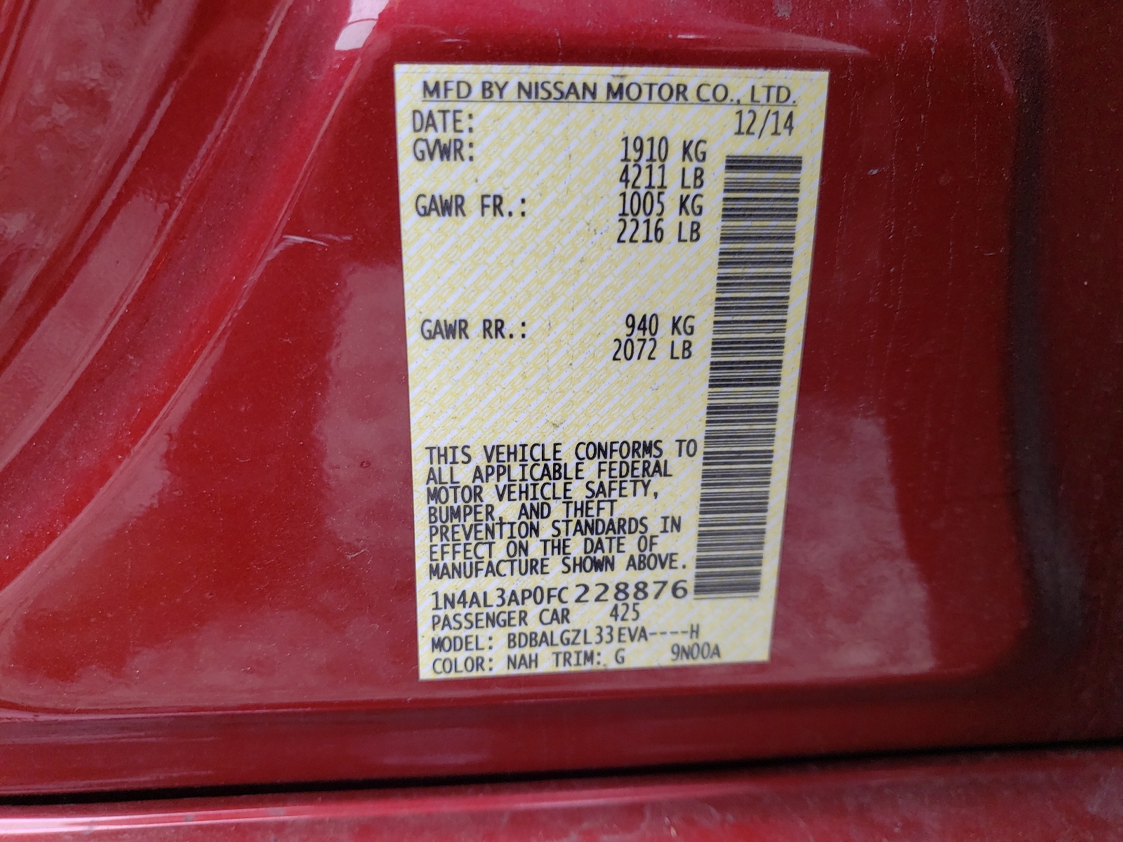 Photo 10 from auction – 2015 NISSAN ALTIMA 2.5 with VIN 1N4AL3AP0FC228876