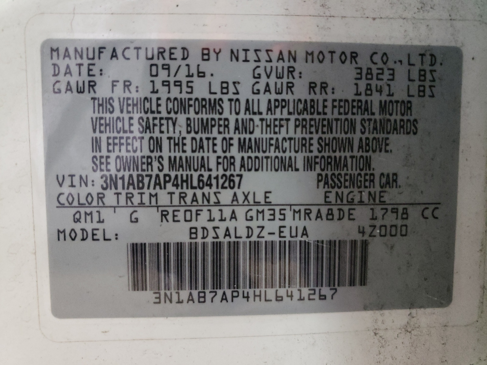 Photo 10 from auction – 2017 NISSAN SENTRA S with VIN 3N1AB7AP4HL641267