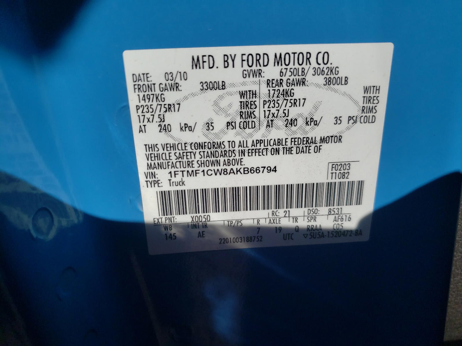 Photo 10 from auction – 2010 FORD F150 with VIN 1FTMF1CW8AKB66794