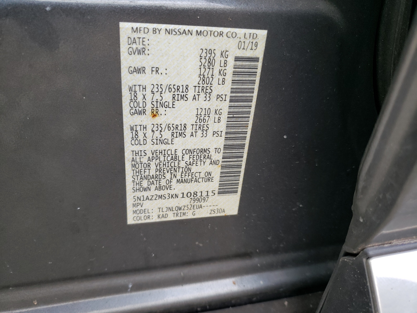 Photo 10 from auction – 2019 NISSAN MURANO S with VIN 5N1AZ2MS3KN108115