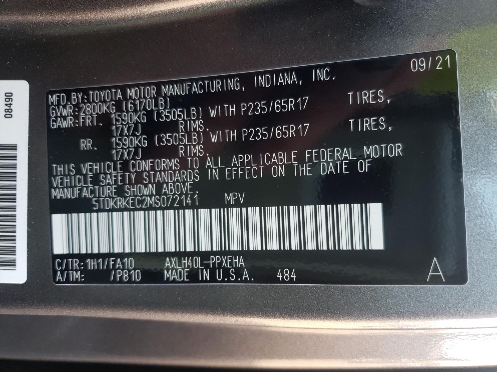 Photo 10 from auction – 2021 TOYOTA SIENNA LE with VIN 5TDKRKEC2MS072141