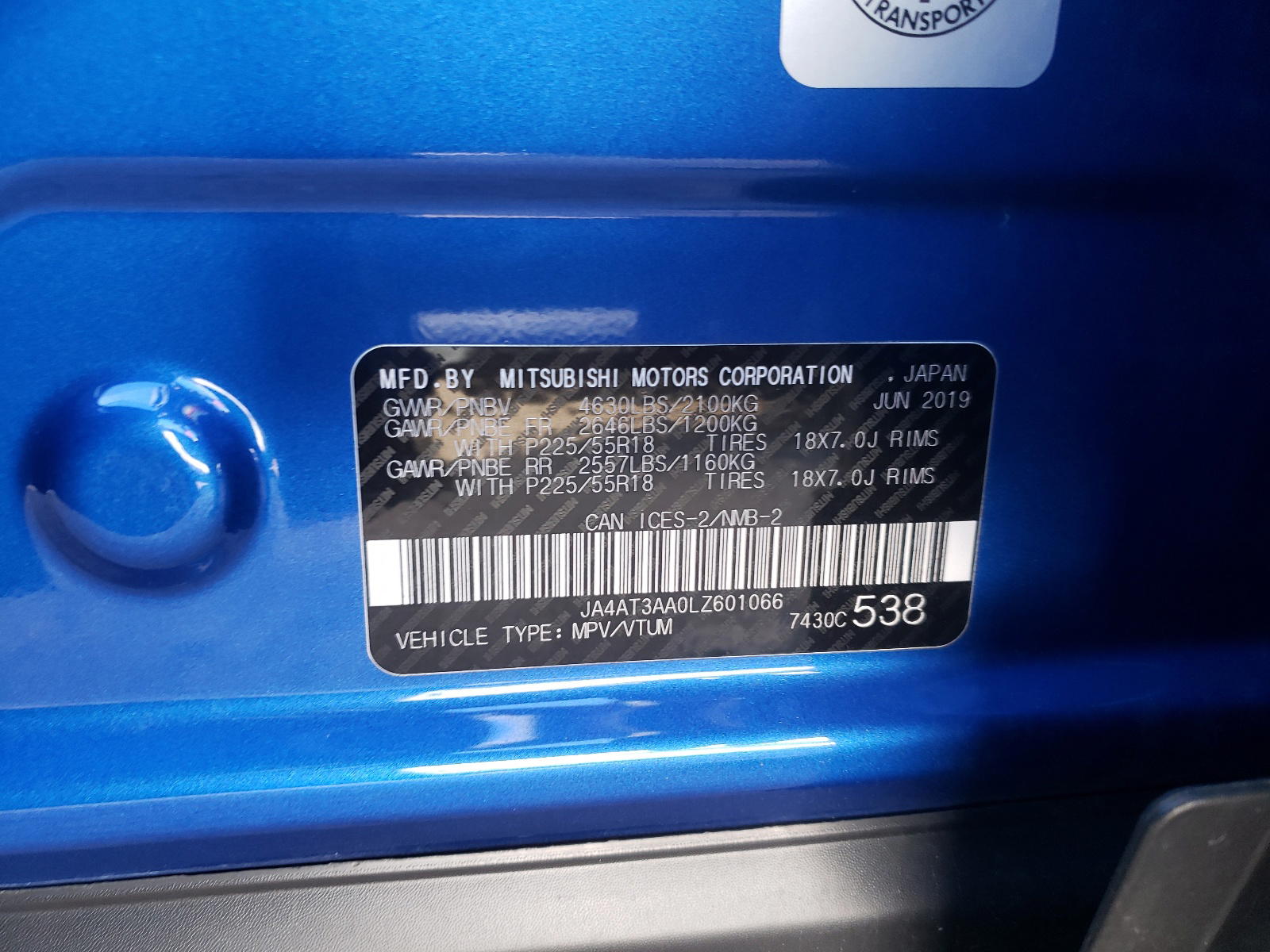 Photo 10 from auction – 2020 MITSUBISHI ECLIPSE CR with VIN JA4AT3AA0LZ601066