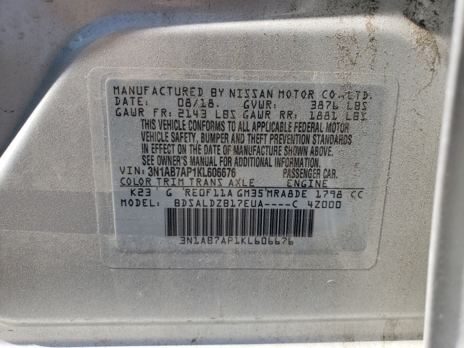 Photo 10 from auction – 2019 NISSAN SENTRA S with VIN 3N1AB7AP1KL606676