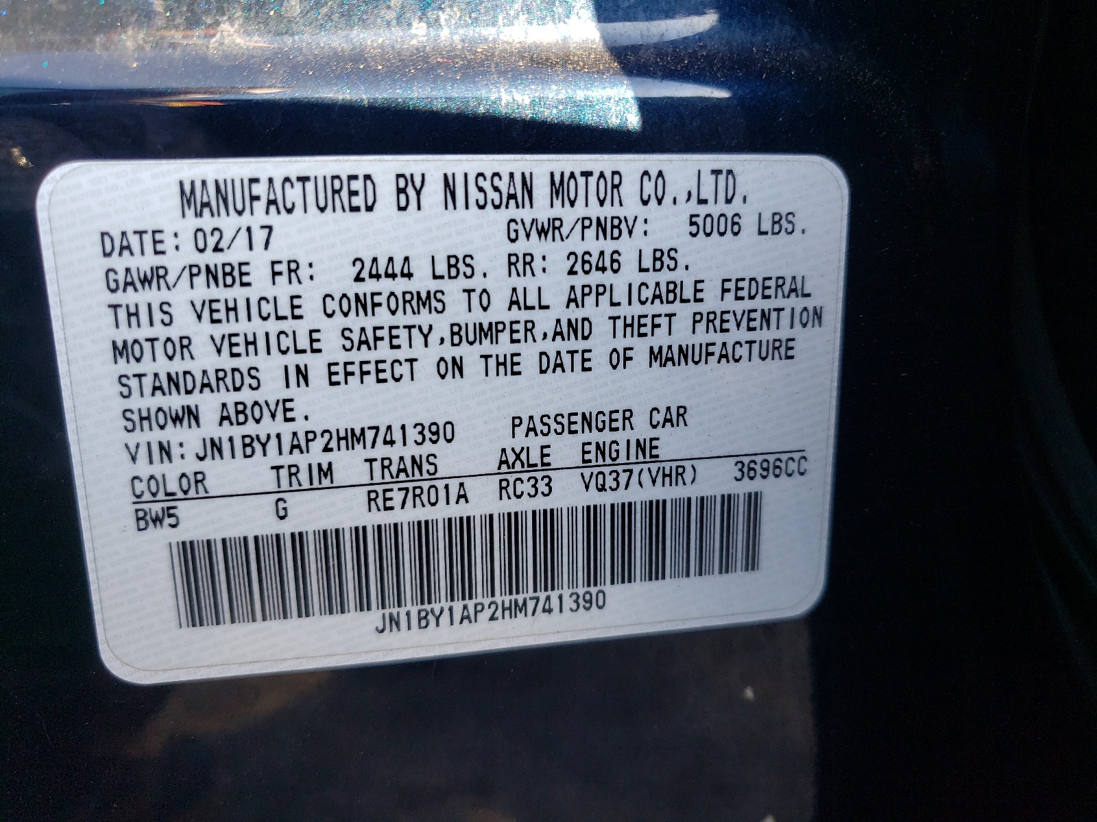 Photo 10 from auction – 2017 INFINITI Q70 3.7 with VIN JN1BY1AP2HM741390