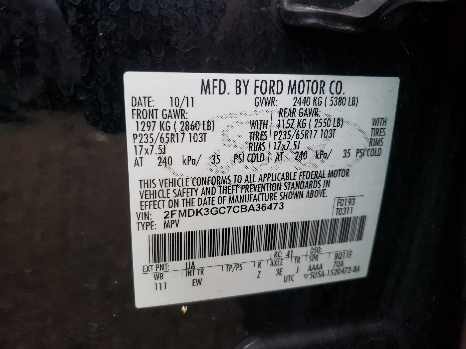 Photo 10 from auction – 2012 FORD EDGE SE with VIN 2FMDK3GC7CBA36473
