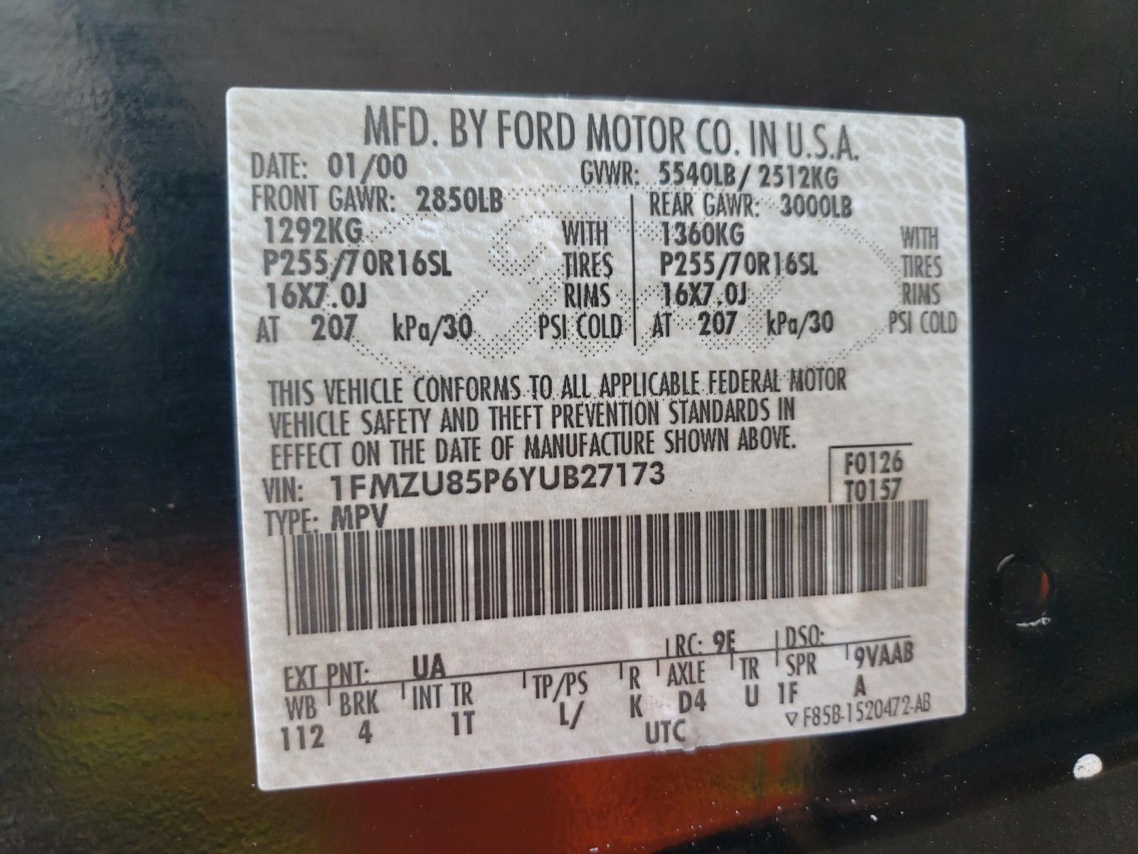 Photo 10 from auction – 2000 FORD EXPLORER L with VIN 1FMZU85P6YUB27173
