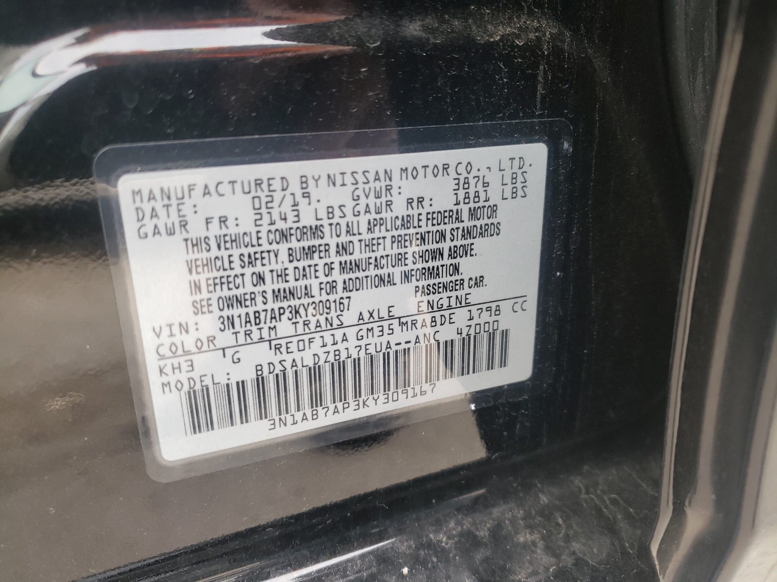 Photo 10 from auction – 2019 NISSAN SENTRA S with VIN 3N1AB7AP3KY309167