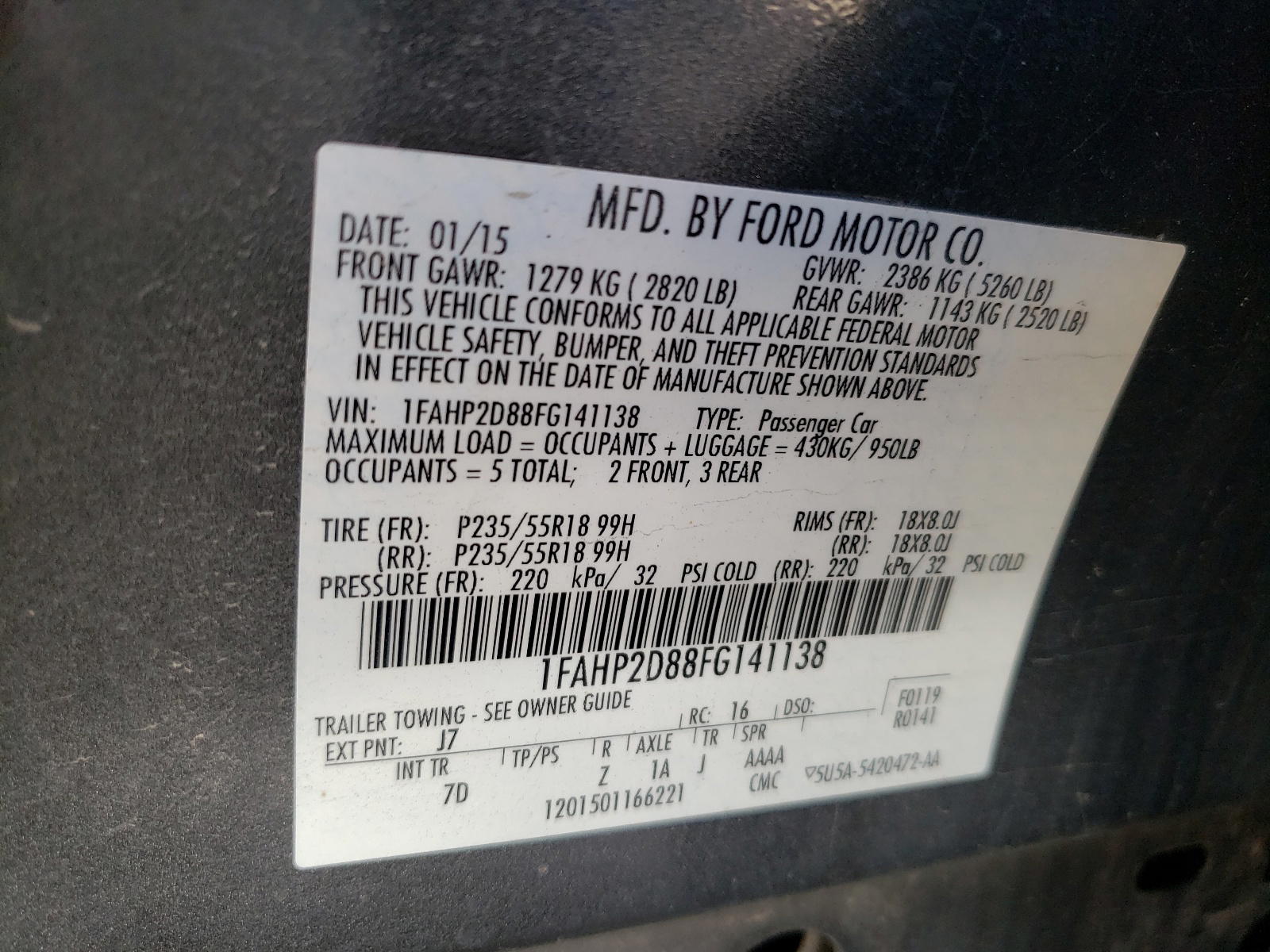 Photo 10 from auction – 2015 FORD TAURUS SE with VIN 1FAHP2D88FG141138