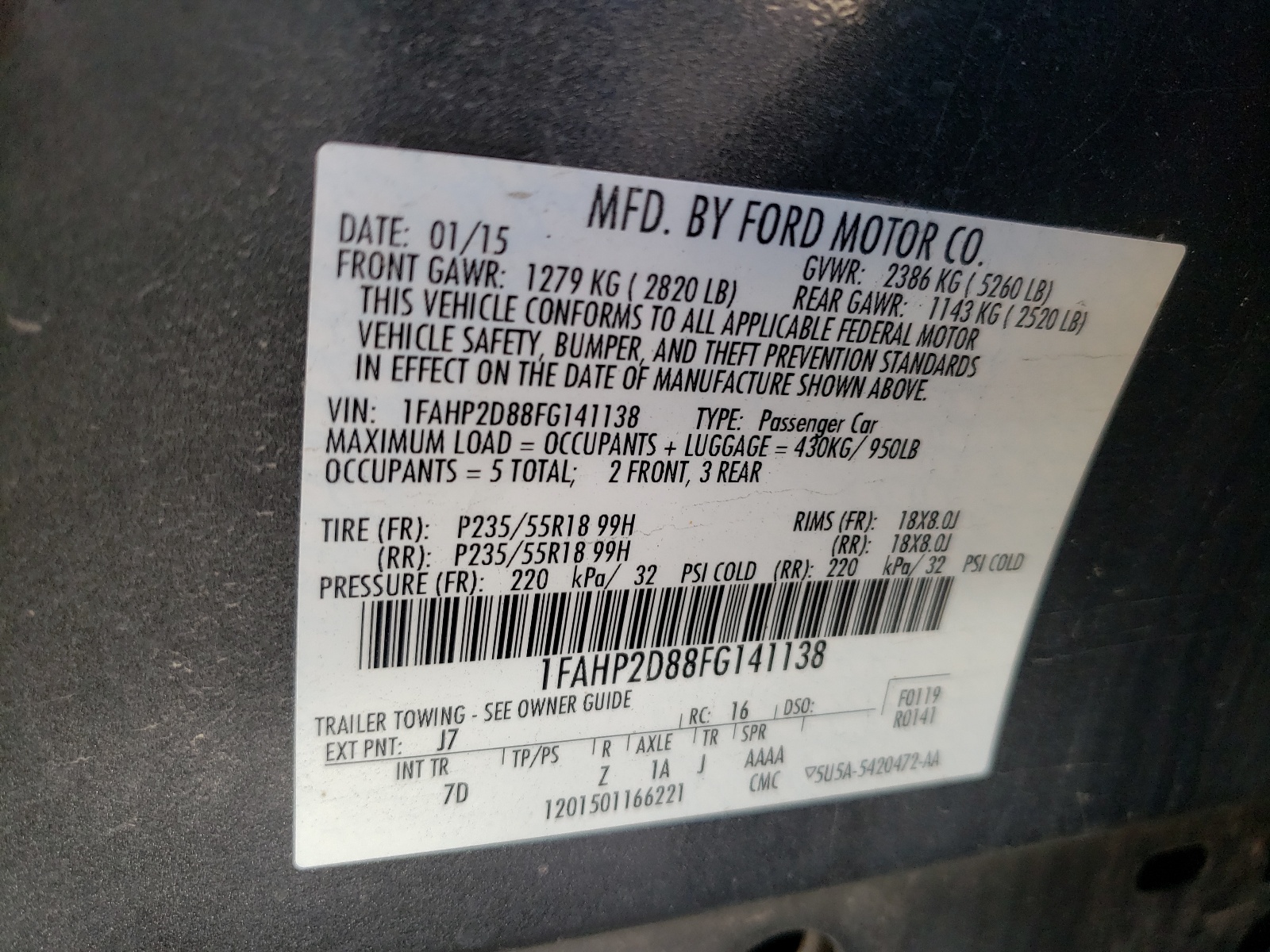 Foto 10 de la subasta – 2015 FORD TAURUS SE con VIN 1FAHP2D88FG141138