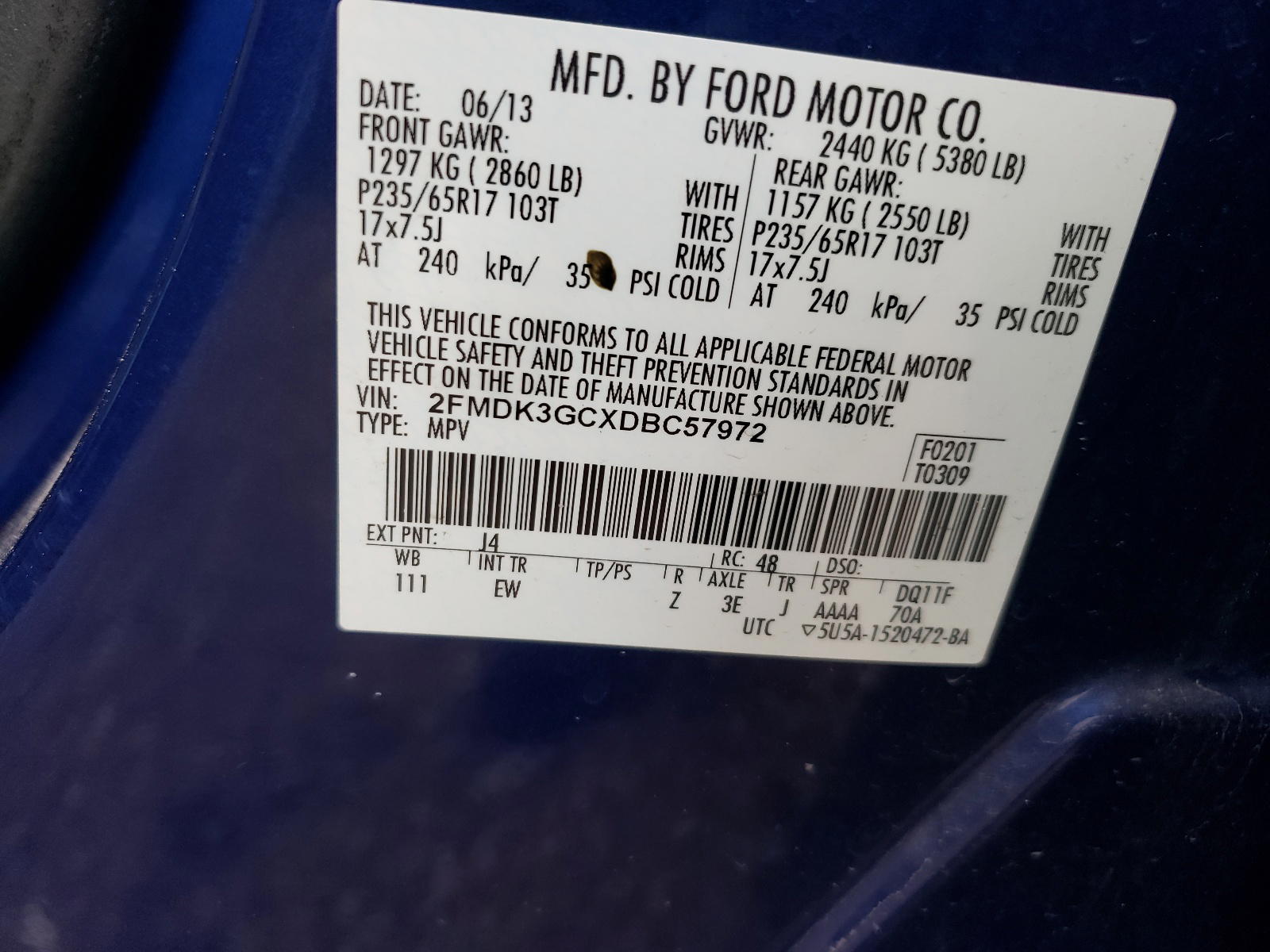 Photo 10 from auction – 2013 FORD EDGE SE with VIN 2FMDK3GCXDBC57972