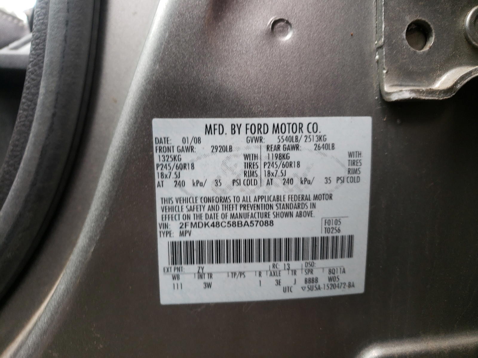 Photo 10 from auction – 2008 FORD EDGE SEL with VIN 2FMDK48C58BA57088