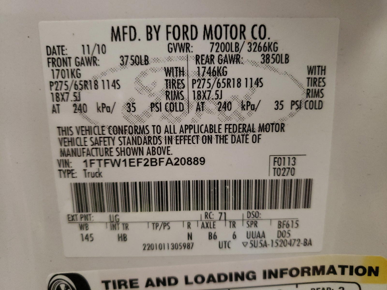 Photo 10 from auction – 2011 FORD F150 SUPER with VIN 1FTFW1EF2BFA20889