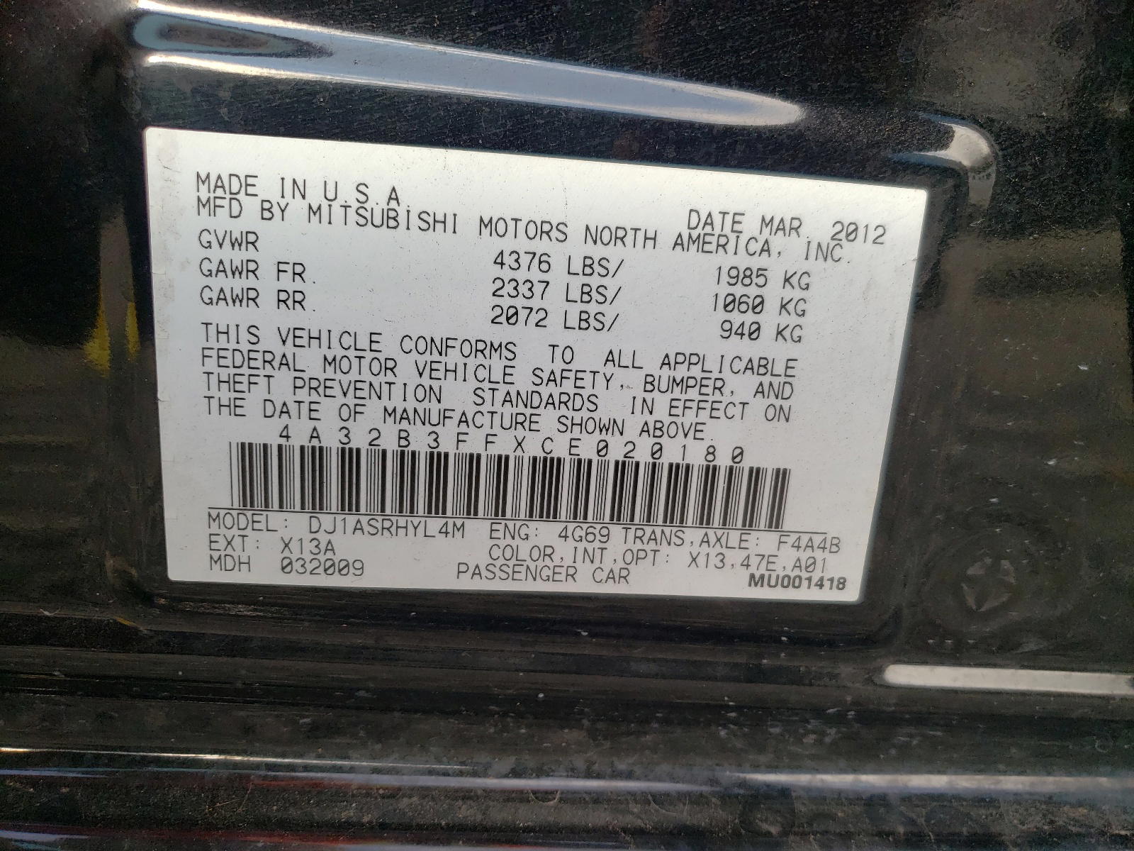 Photo 10 from auction – 2012 MITSUBISHI GALANT ES with VIN 4A32B3FFXCE020180