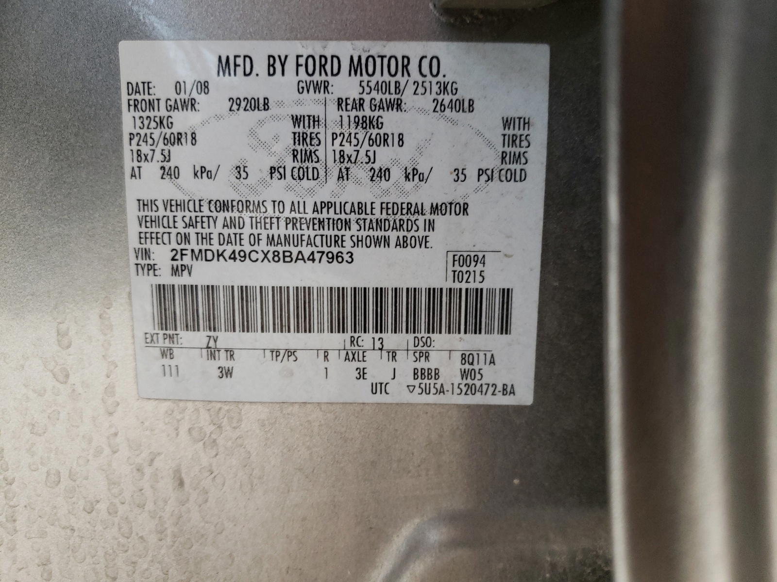 Photo 10 from auction – 2008 FORD EDGE LIMIT with VIN 2FMDK49CX8BA47963