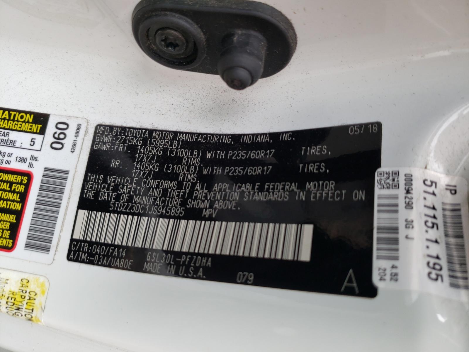 Photo 10 from auction – 2018 TOYOTA SIENNA L with VIN 5TDZZ3DC1JS945895