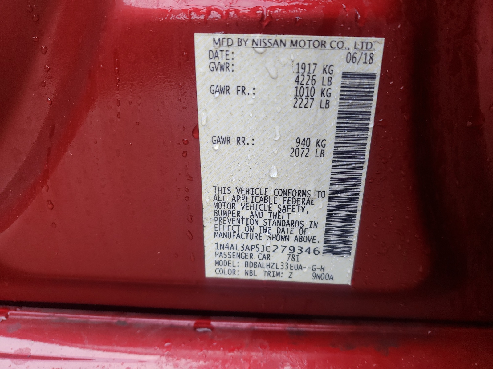 Photo 10 from auction – 2018 NISSAN ALTIMA 2.5 with VIN 1N4AL3AP5JC279346