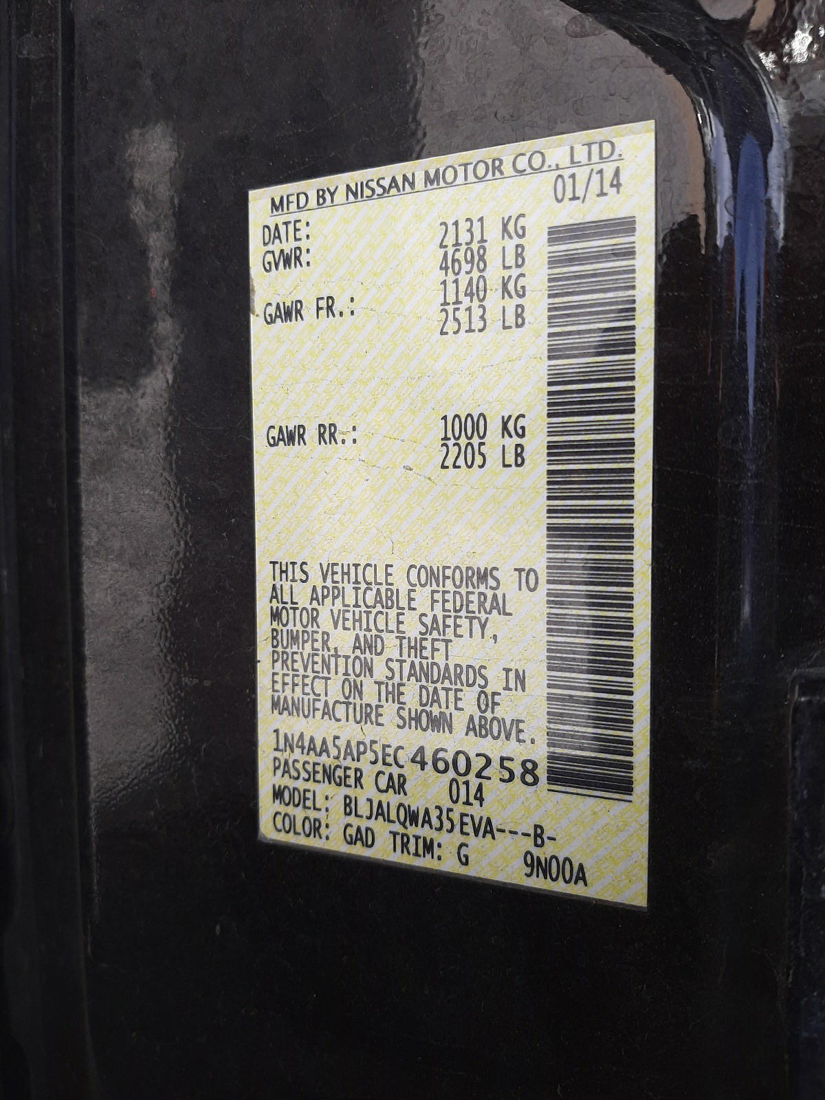 Photo 10 from auction – 2014 NISSAN MAXIMA S with VIN 1N4AA5AP5EC460258