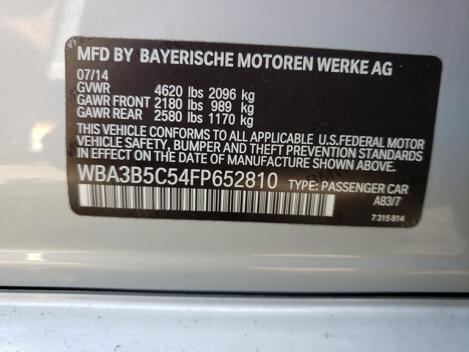 Photo 10 from auction – 2015 BMW 328 XI SUL with VIN WBA3B5C54FP652810