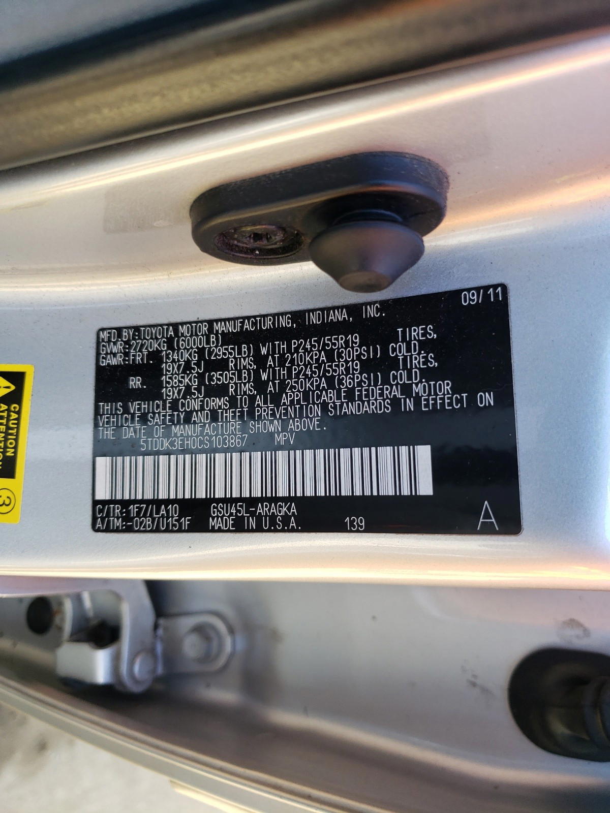 Photo 10 from auction – 2012 TOYOTA HIGHLANDER with VIN 5TDDK3EH0CS103867