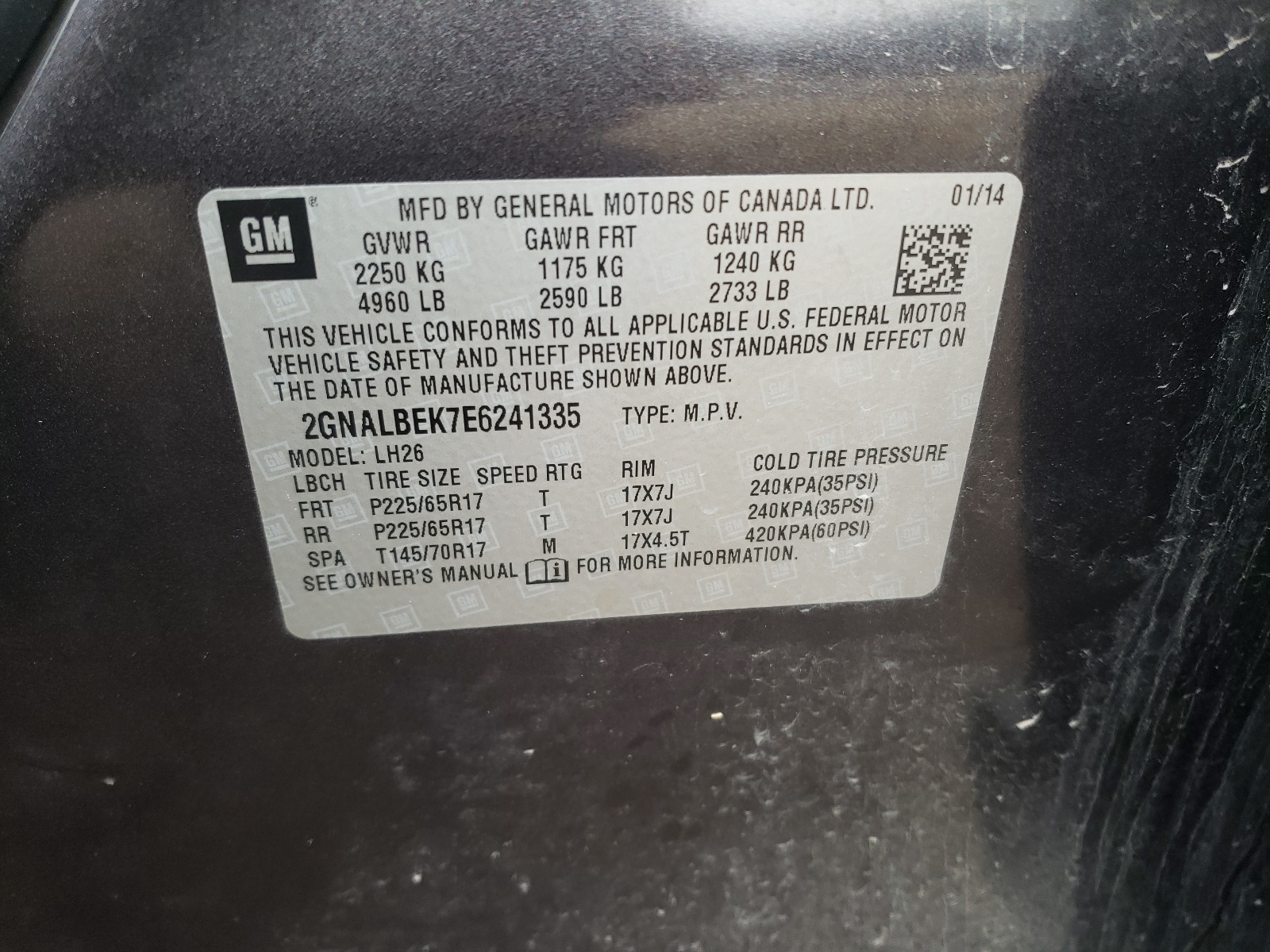Photo 10 from auction – 2014 CHEVROLET EQUINOX LT with VIN 2GNALBEK7E6241335