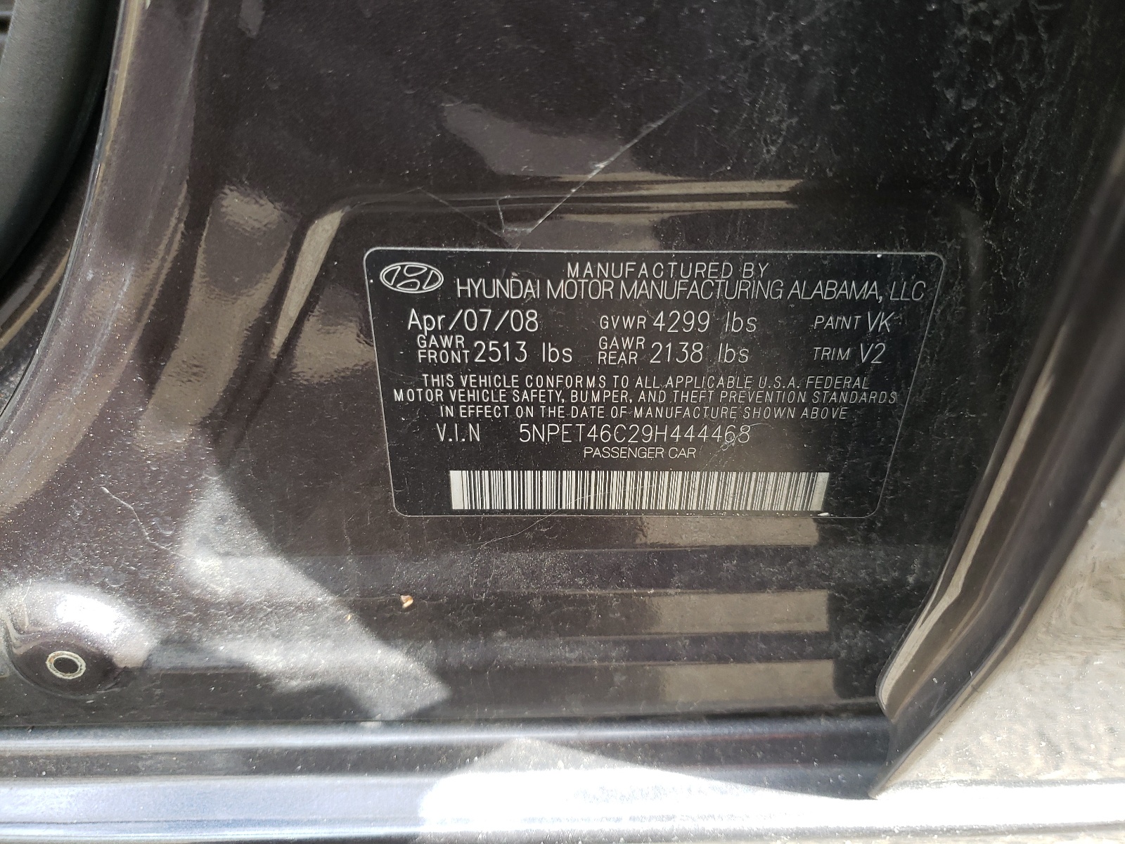 Photo 10 from auction – 2009 HYUNDAI SONATA GLS with VIN 5NPET46C29H444468