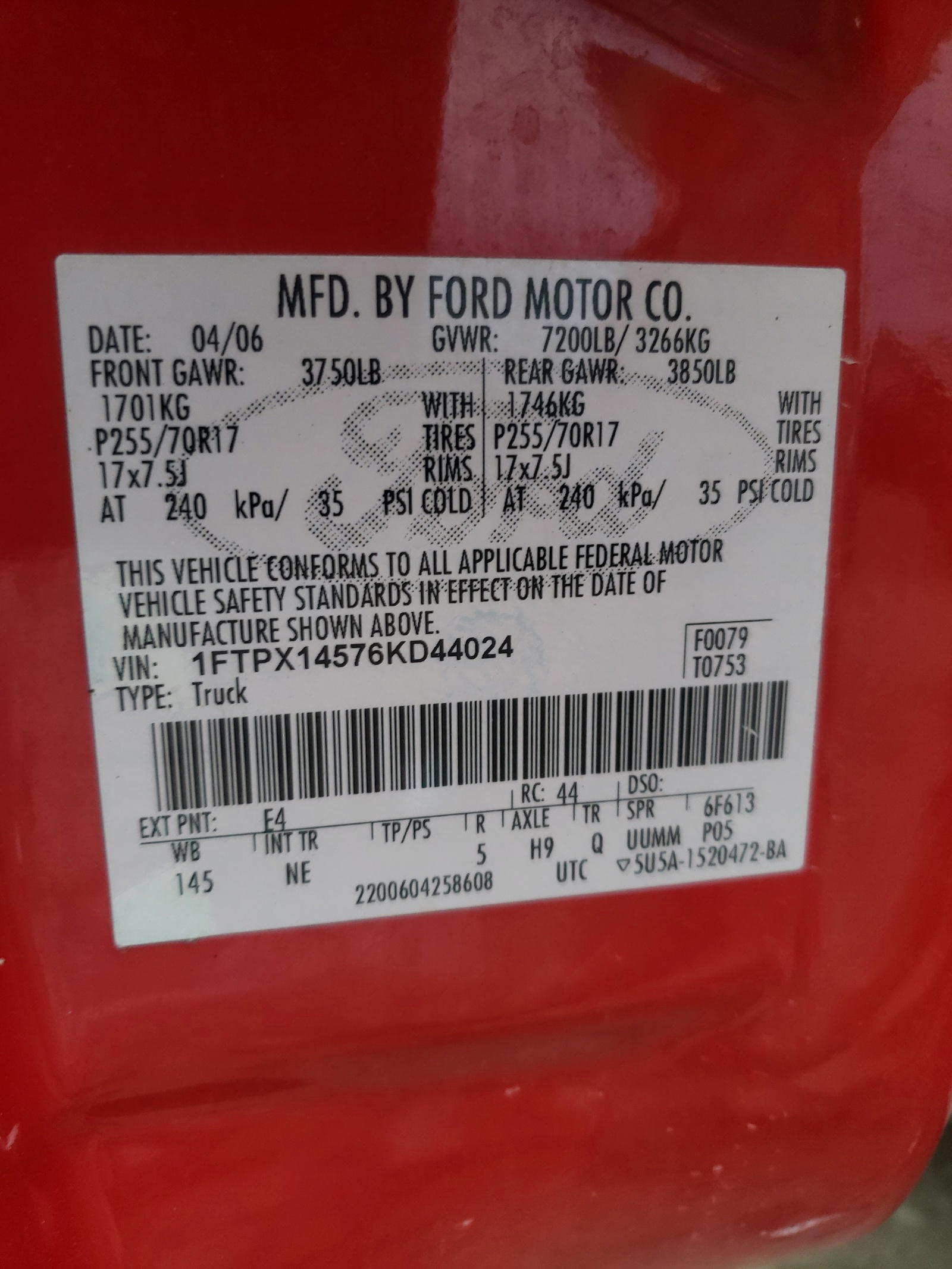 Photo 10 from auction – 2006 FORD F150 with VIN 1FTPX14576KD44024