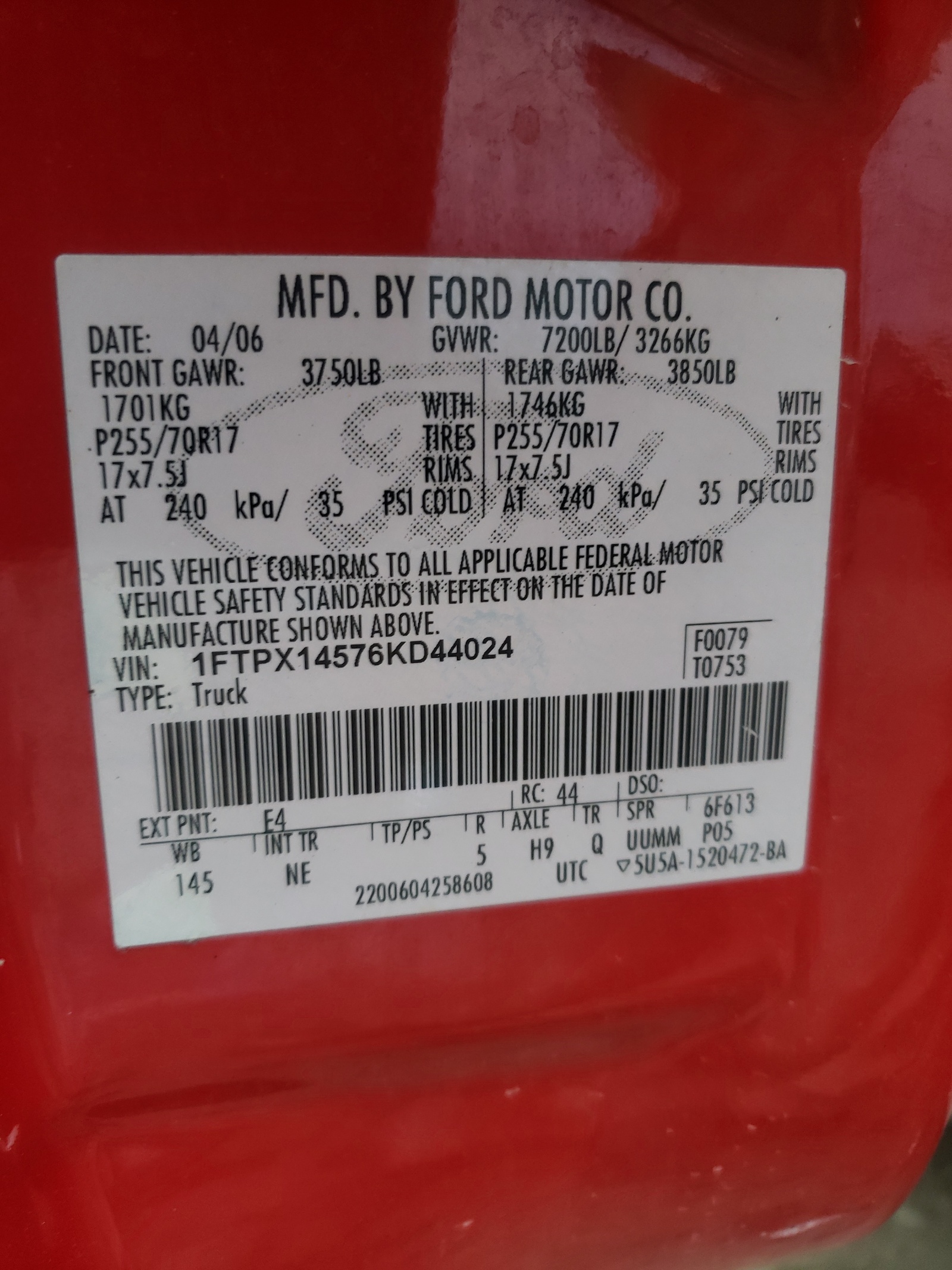 Zdjęcie 10 z aukcji – 2006 FORD F150 z VIN 1FTPX14576KD44024