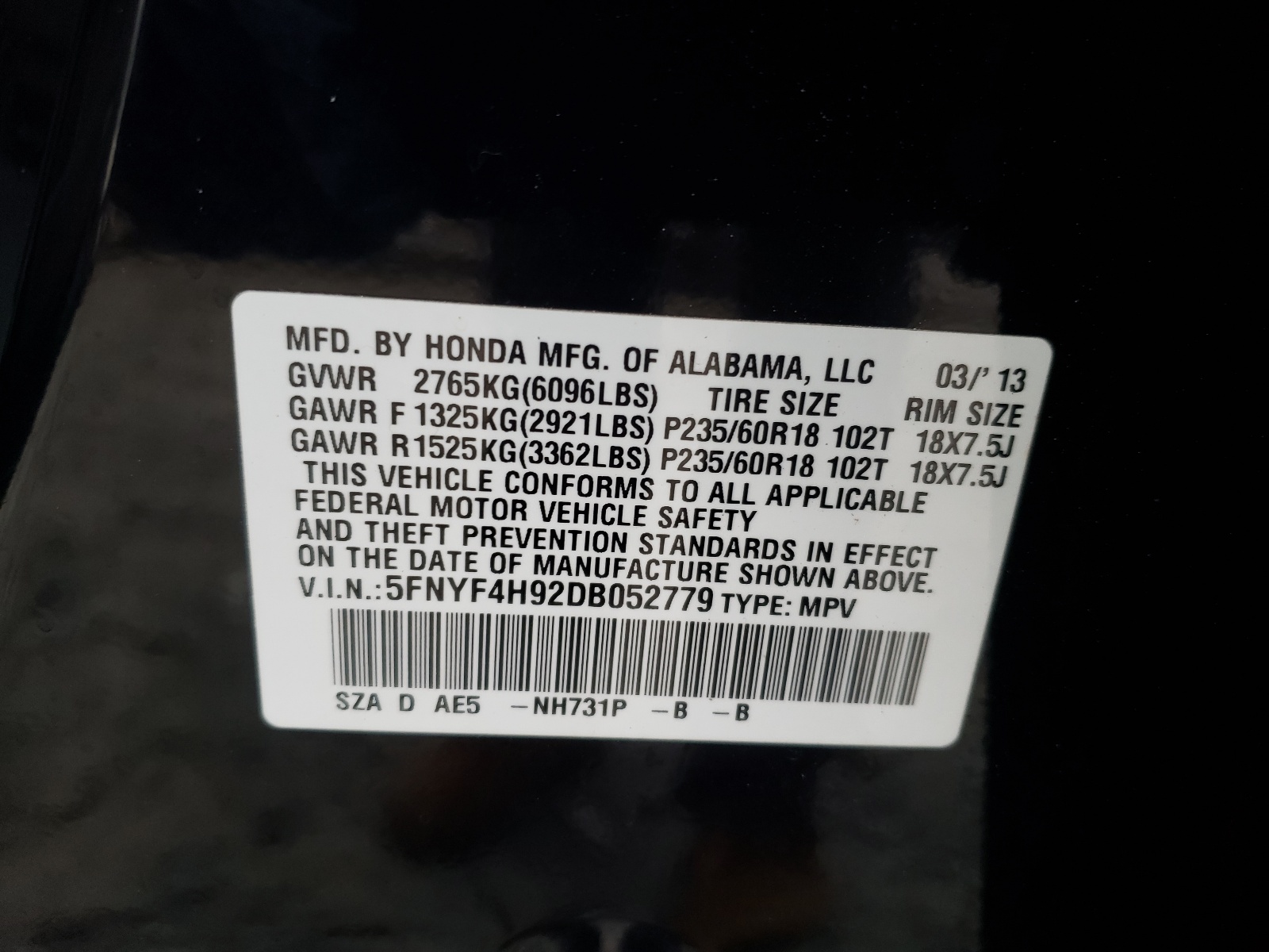 Photo 10 from auction – 2013 HONDA PILOT TOUR with VIN 5FNYF4H92DB052779