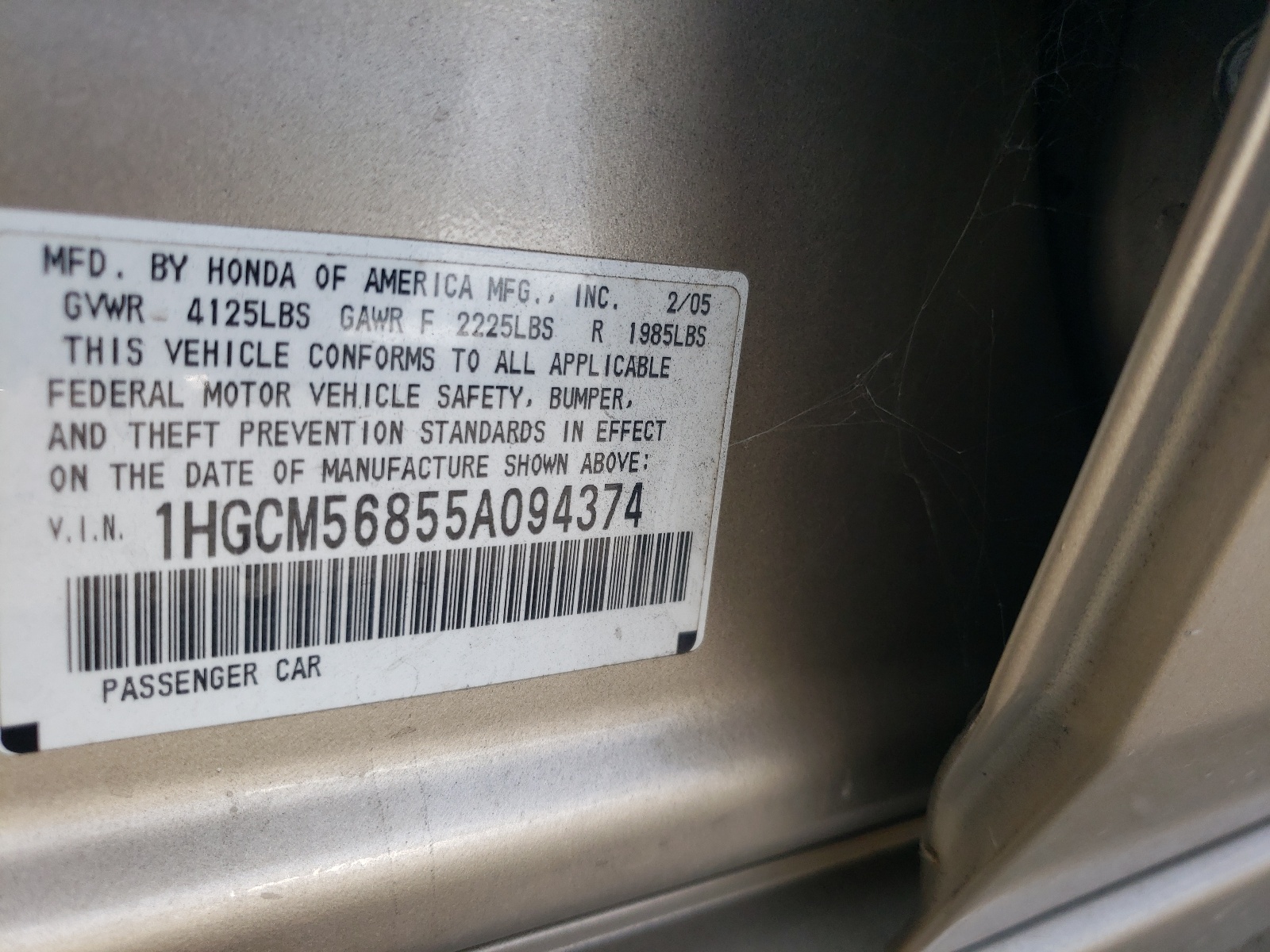 Photo 10 from auction – 2005 HONDA ACCORD with VIN 1HGCM56855A094374