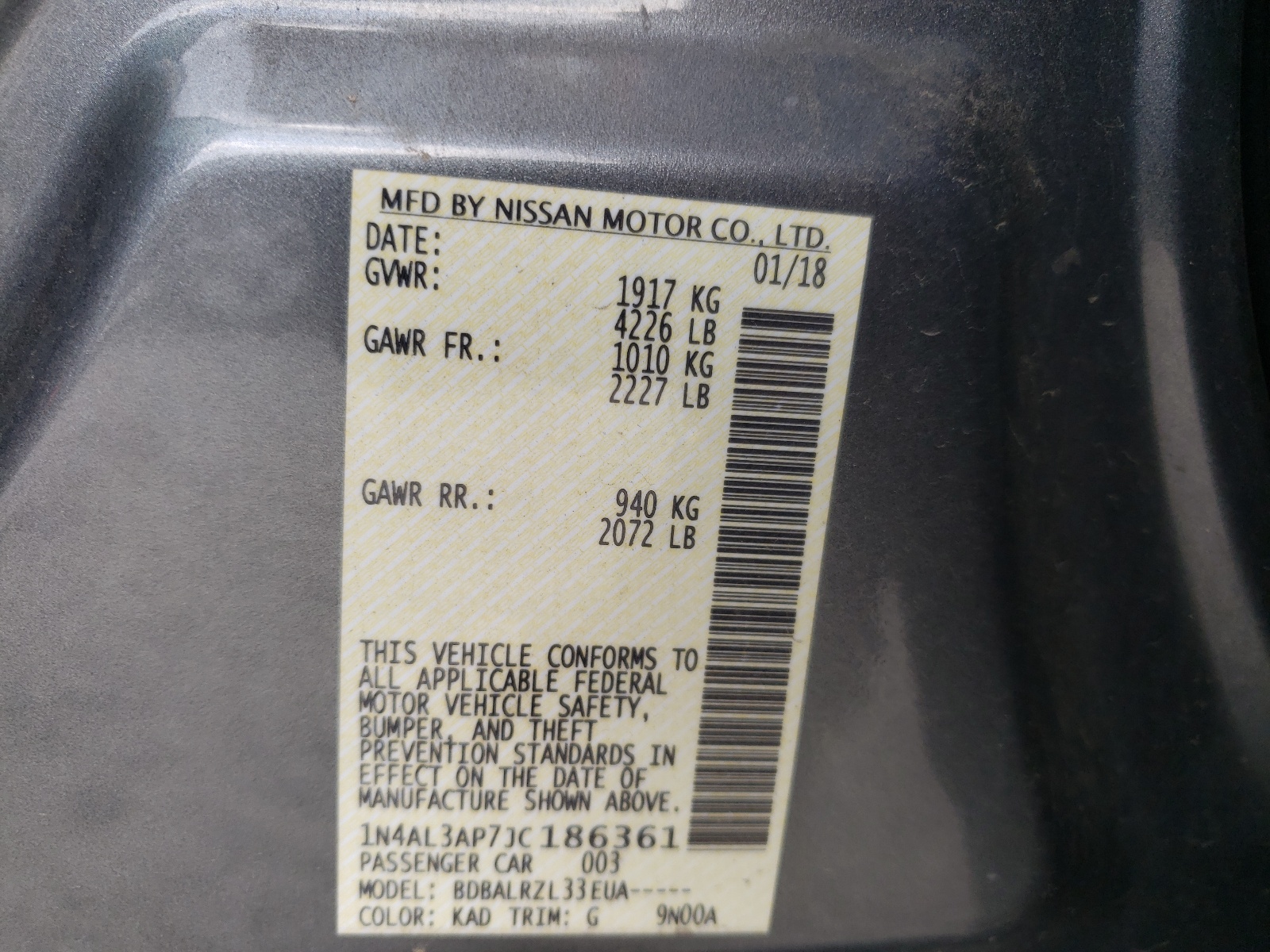 Photo 10 from auction – 2018 NISSAN ALTIMA 2.5 with VIN 1N4AL3AP7JC186361
