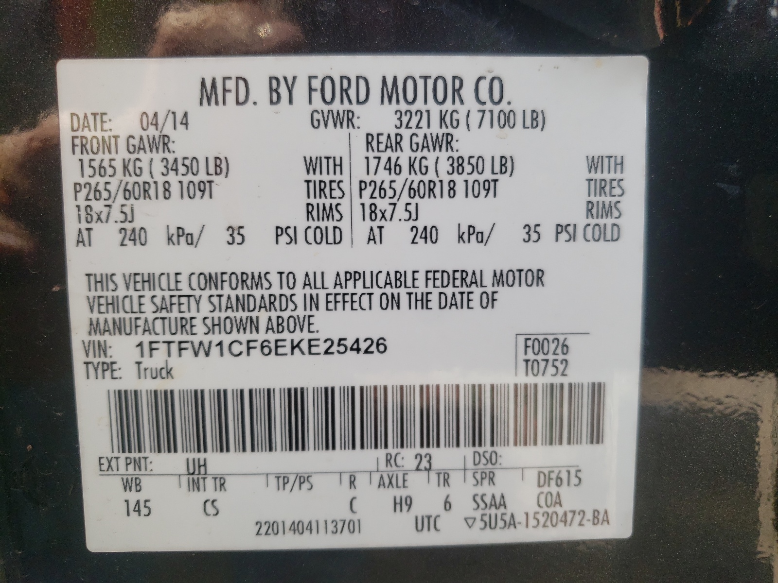 Photo 10 from auction – 2014 FORD F150 SUPER with VIN 1FTFW1CF6EKE25426