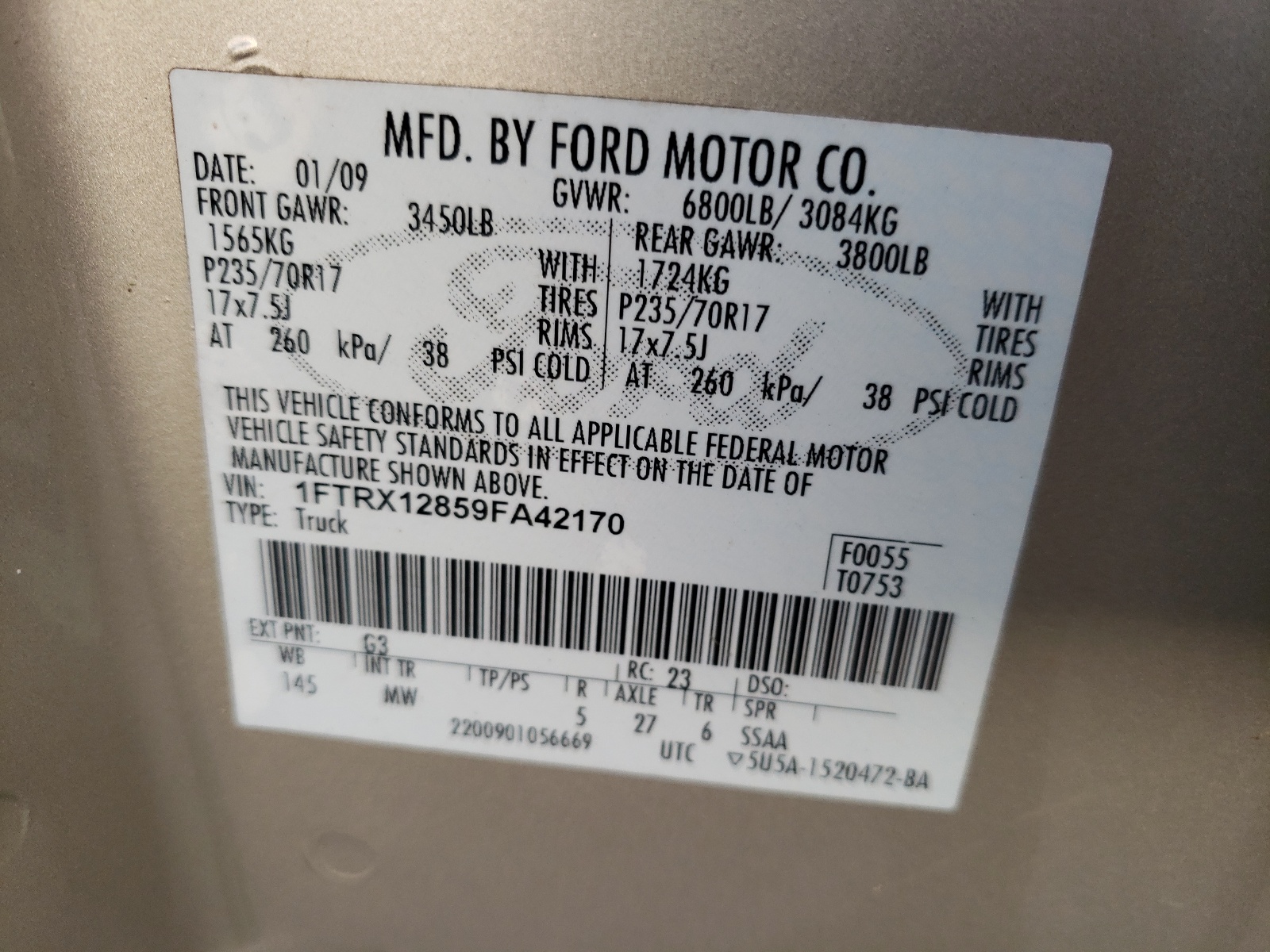 Photo 10 from auction – 2009 FORD F150 SUPER with VIN 1FTRX12859FA42170