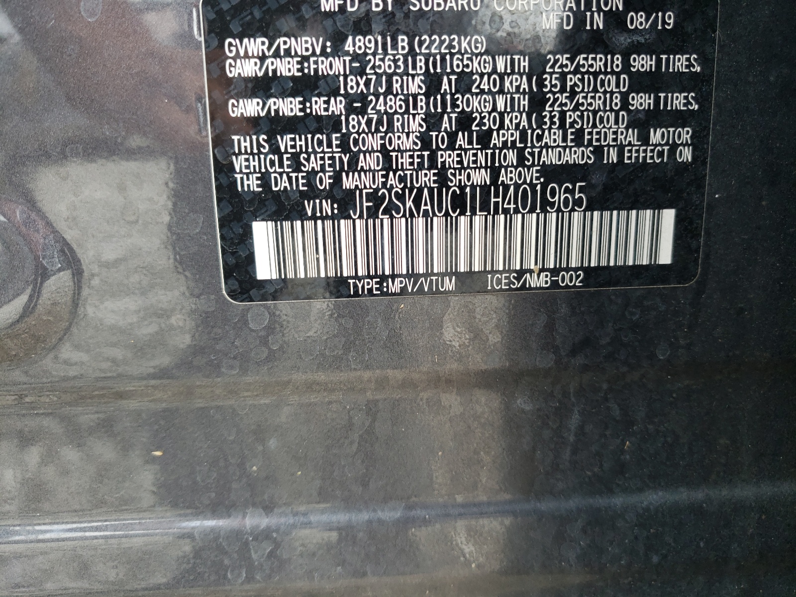 Photo 10 from auction – 2020 SUBARU FORESTER L with VIN JF2SKAUC1LH401965
