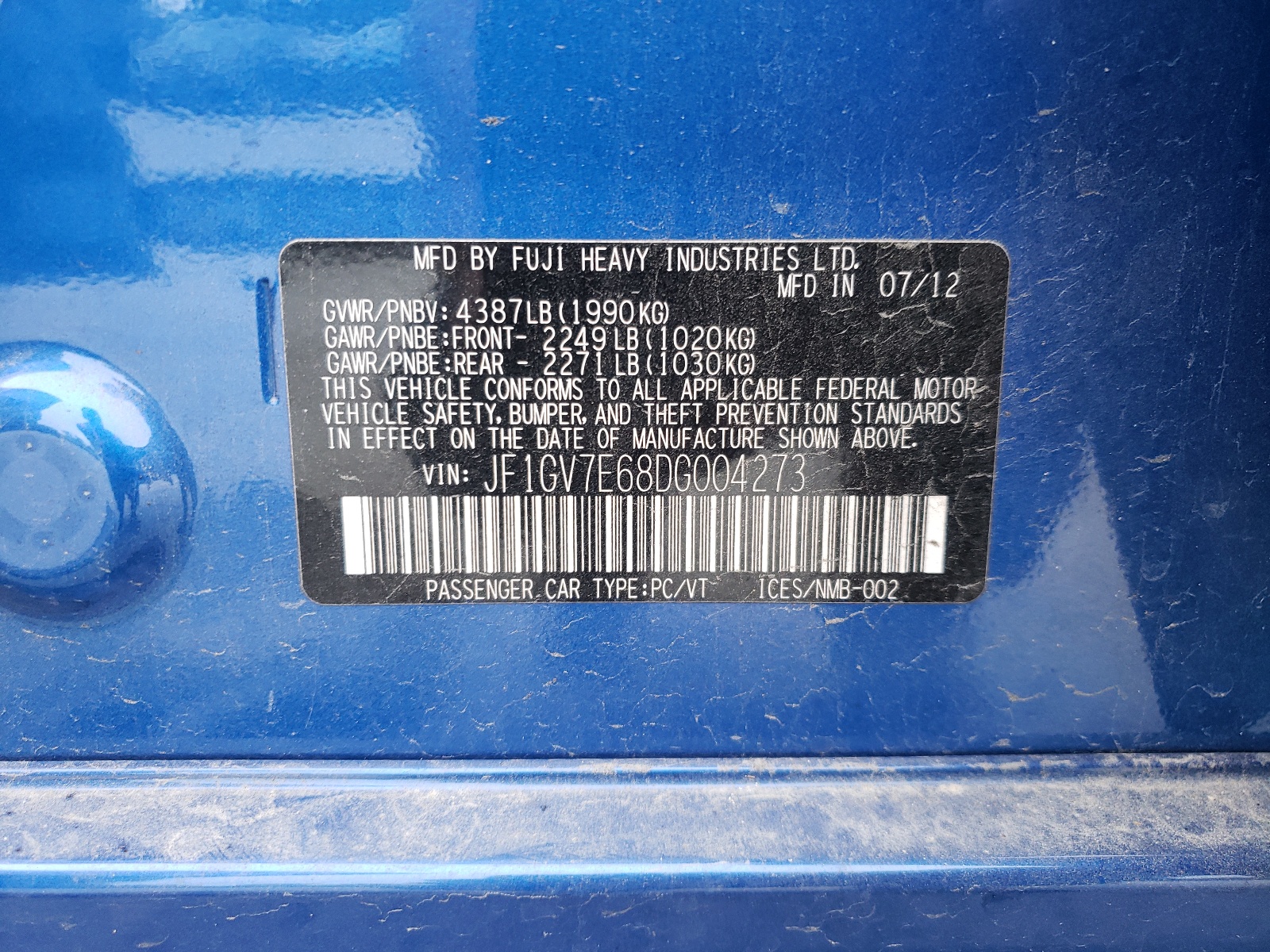 Photo 10 from auction – 2013 SUBARU IMPREZA WR with VIN JF1GV7E68DG004273