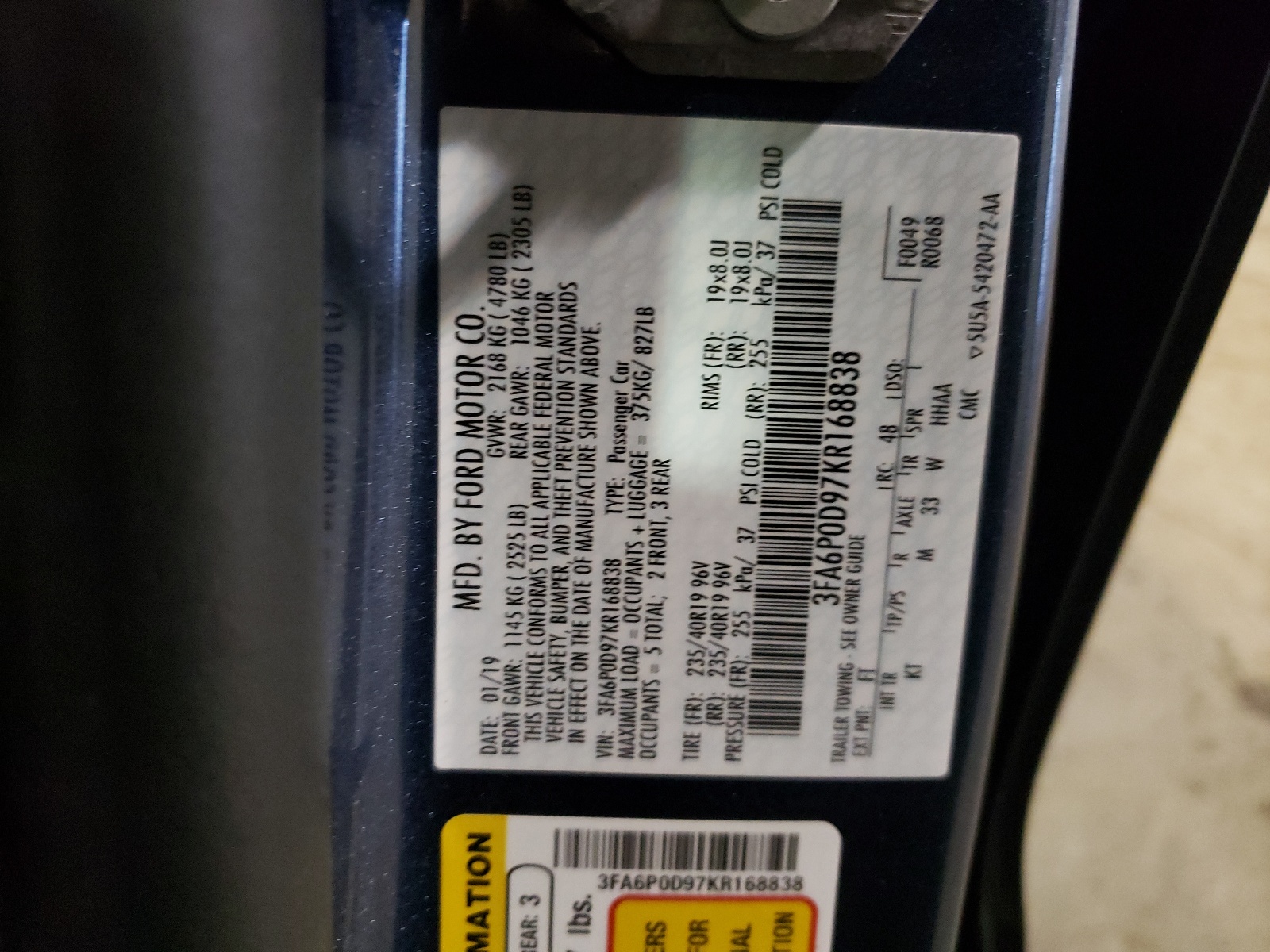 Photo 10 from auction – 2019 FORD FUSION TIT with VIN 3FA6P0D97KR168838